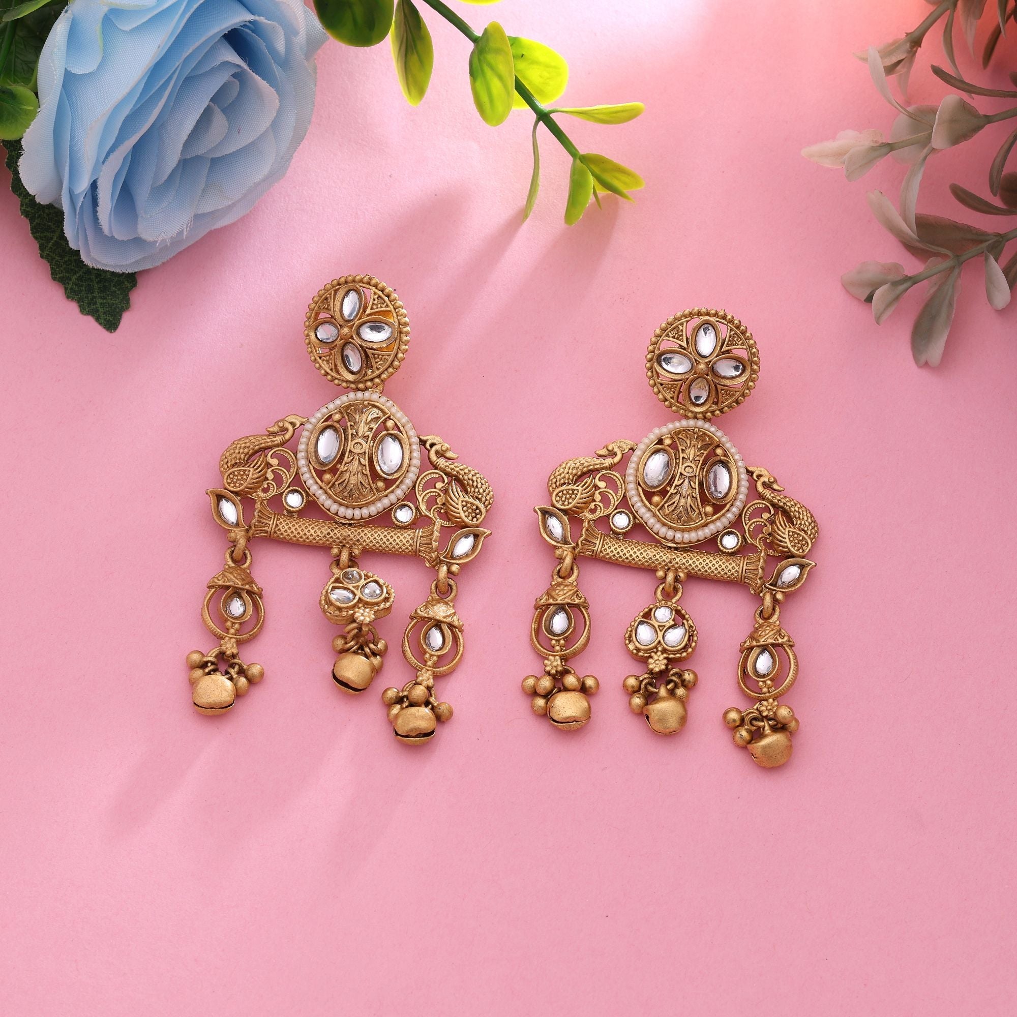 White Color Traditional Matte Gold Earrings