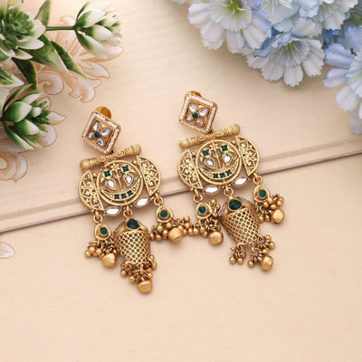 Green Color Traditional Matte Gold Earrings