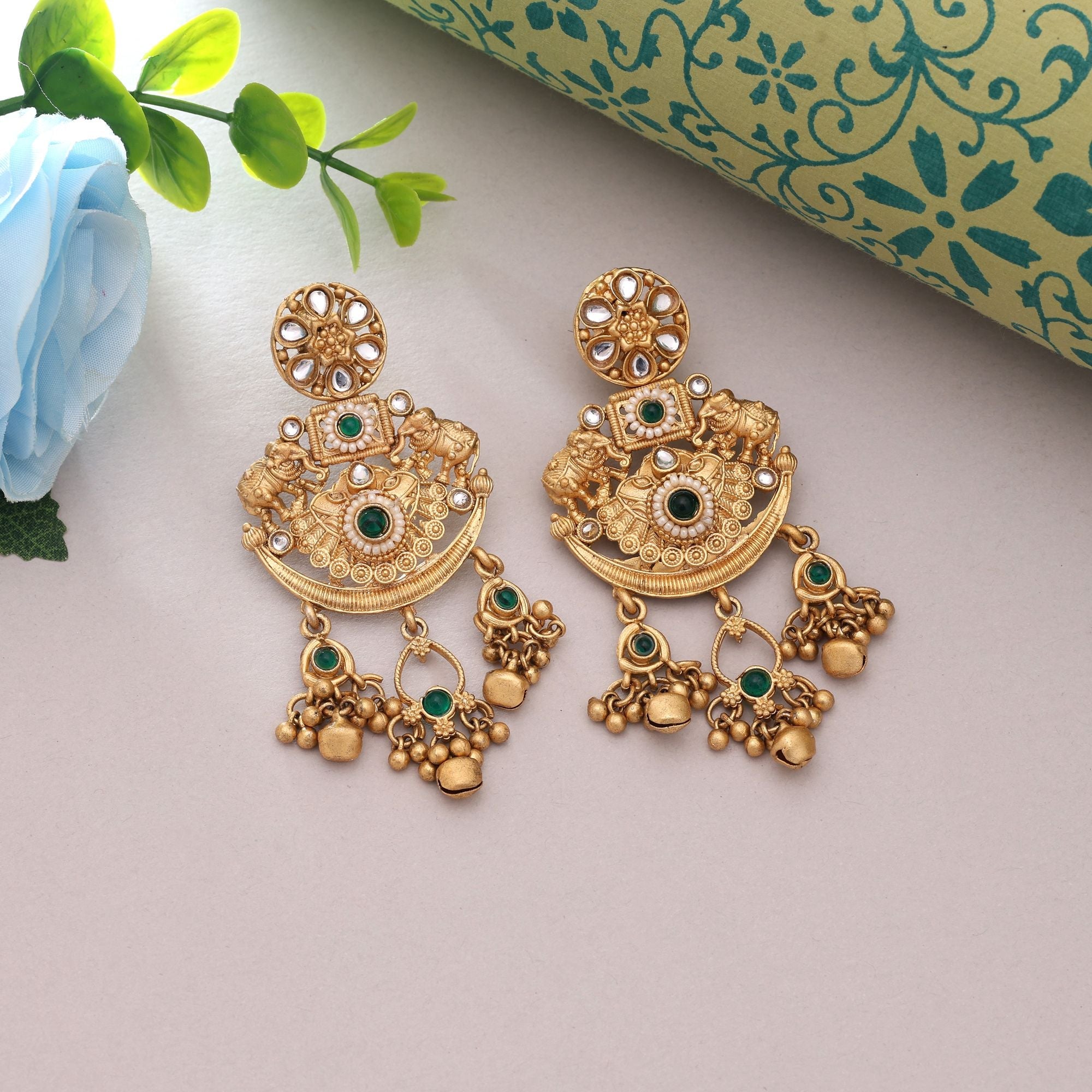 Green Color Ethnic Matte Gold Earrings
