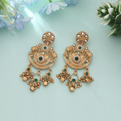 Green Color Ethnic Matte Gold Earrings