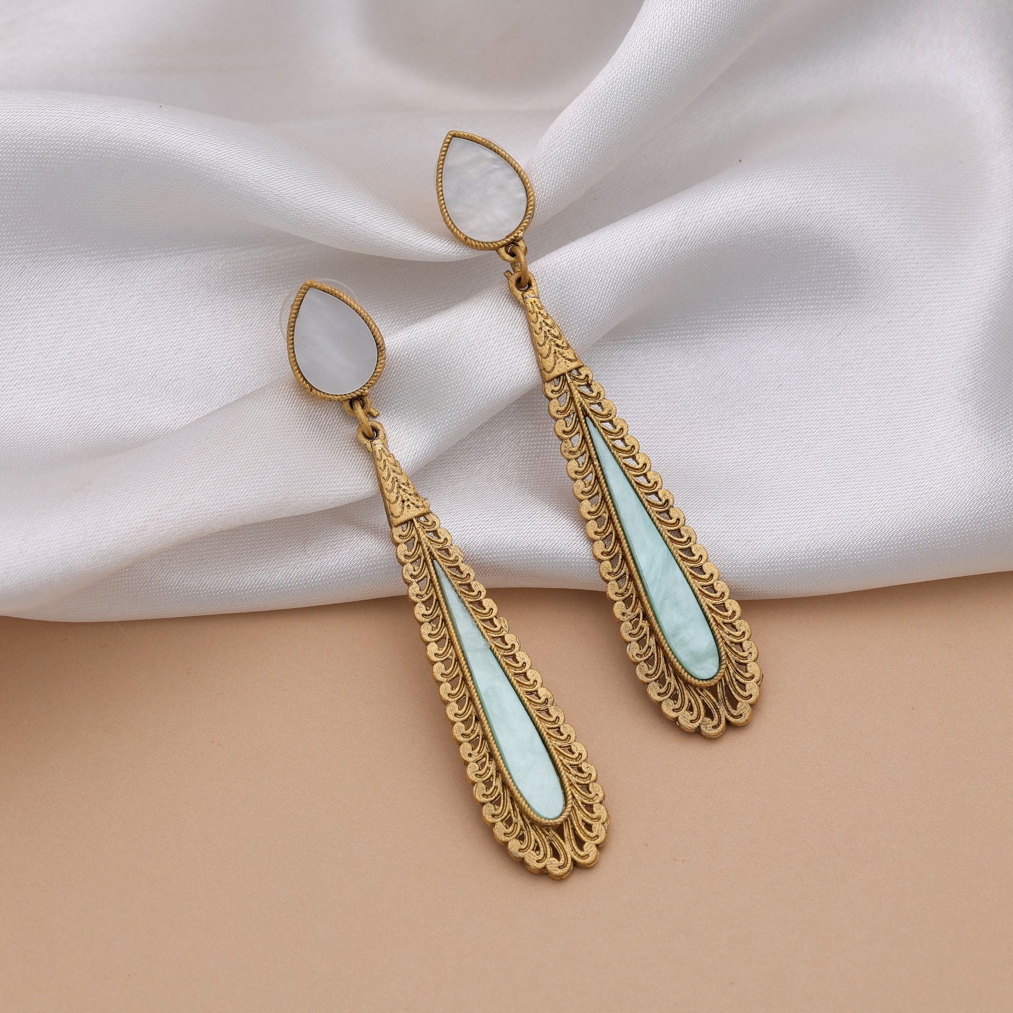 Light Green Color Matte Gold Earrings Premium Ethnic Style