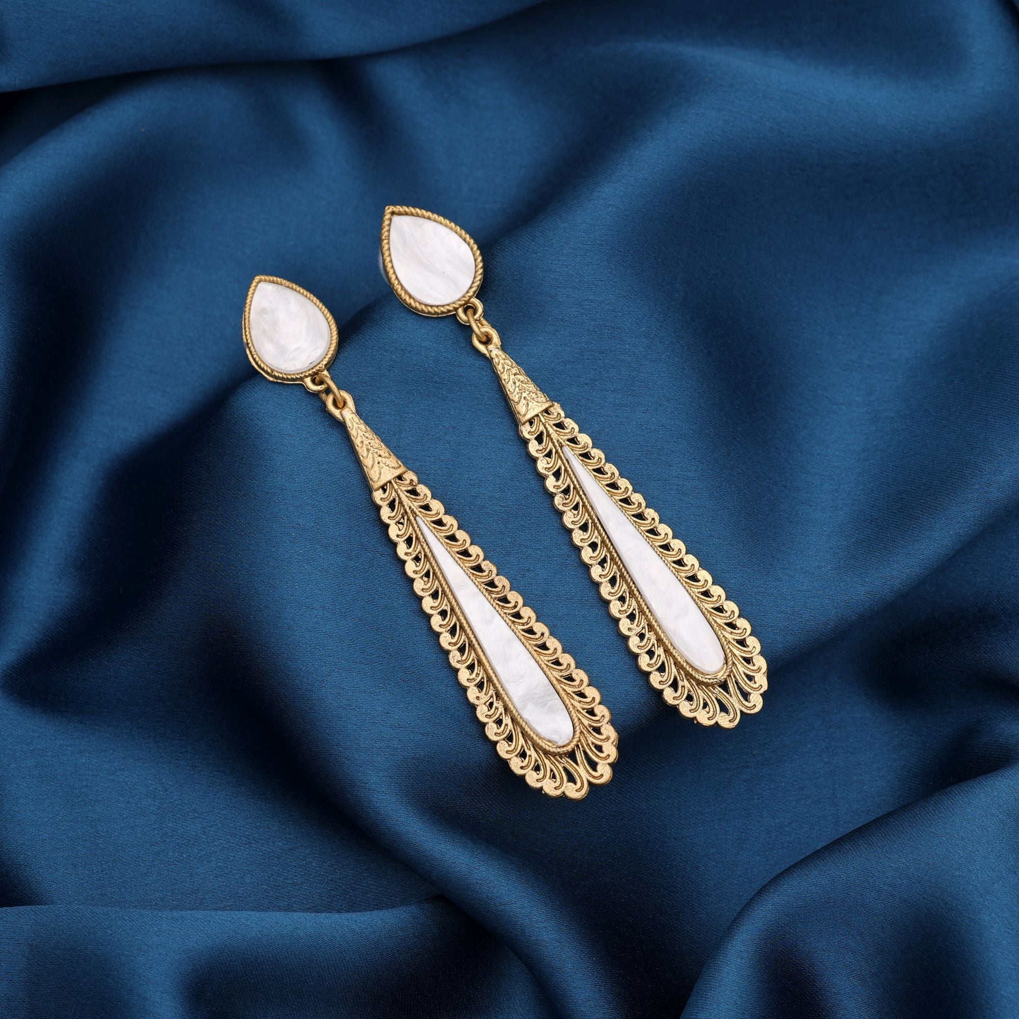 White Color Matte Gold Earrings Traditional Party Wear