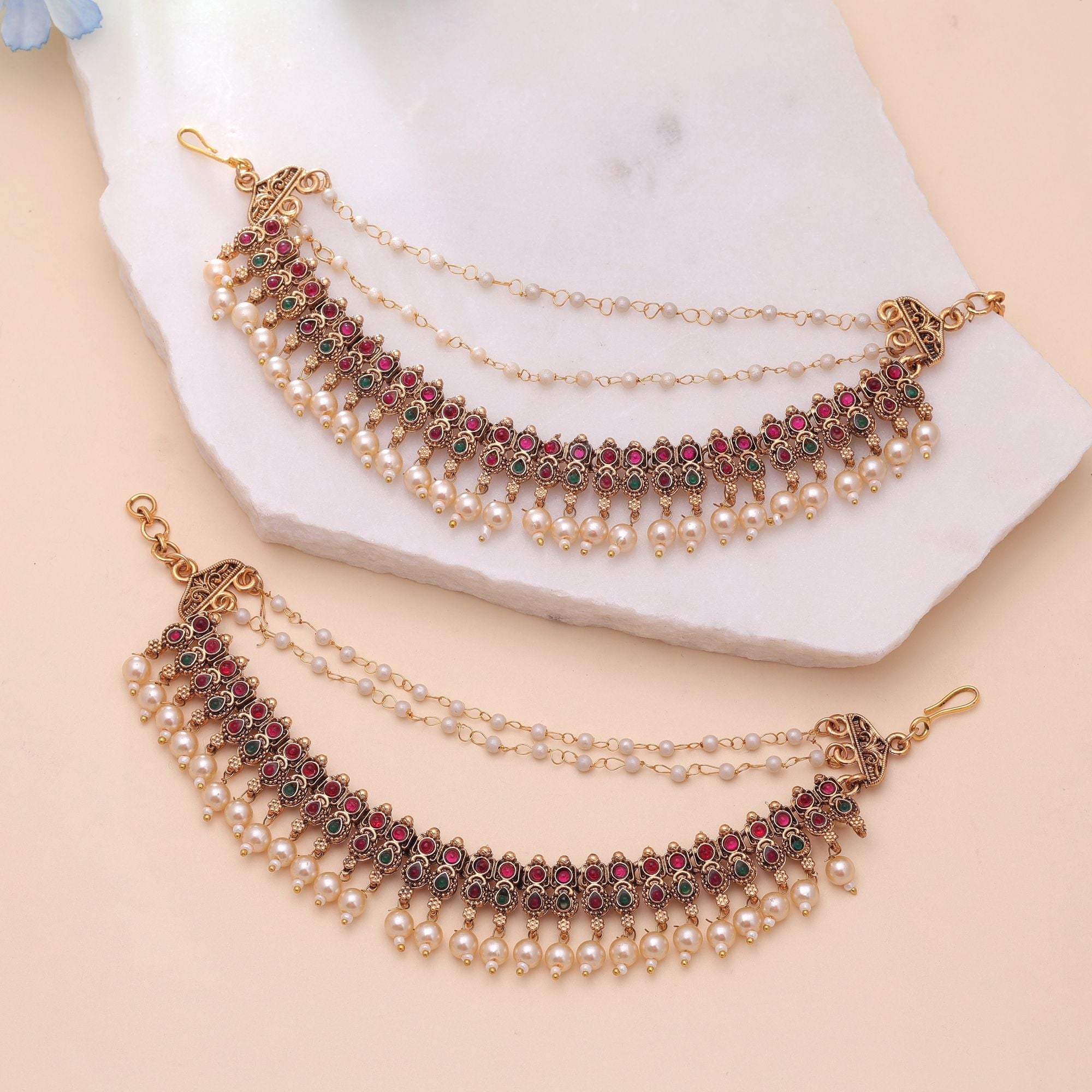 Rani & Green Color Temple Earrings Chain