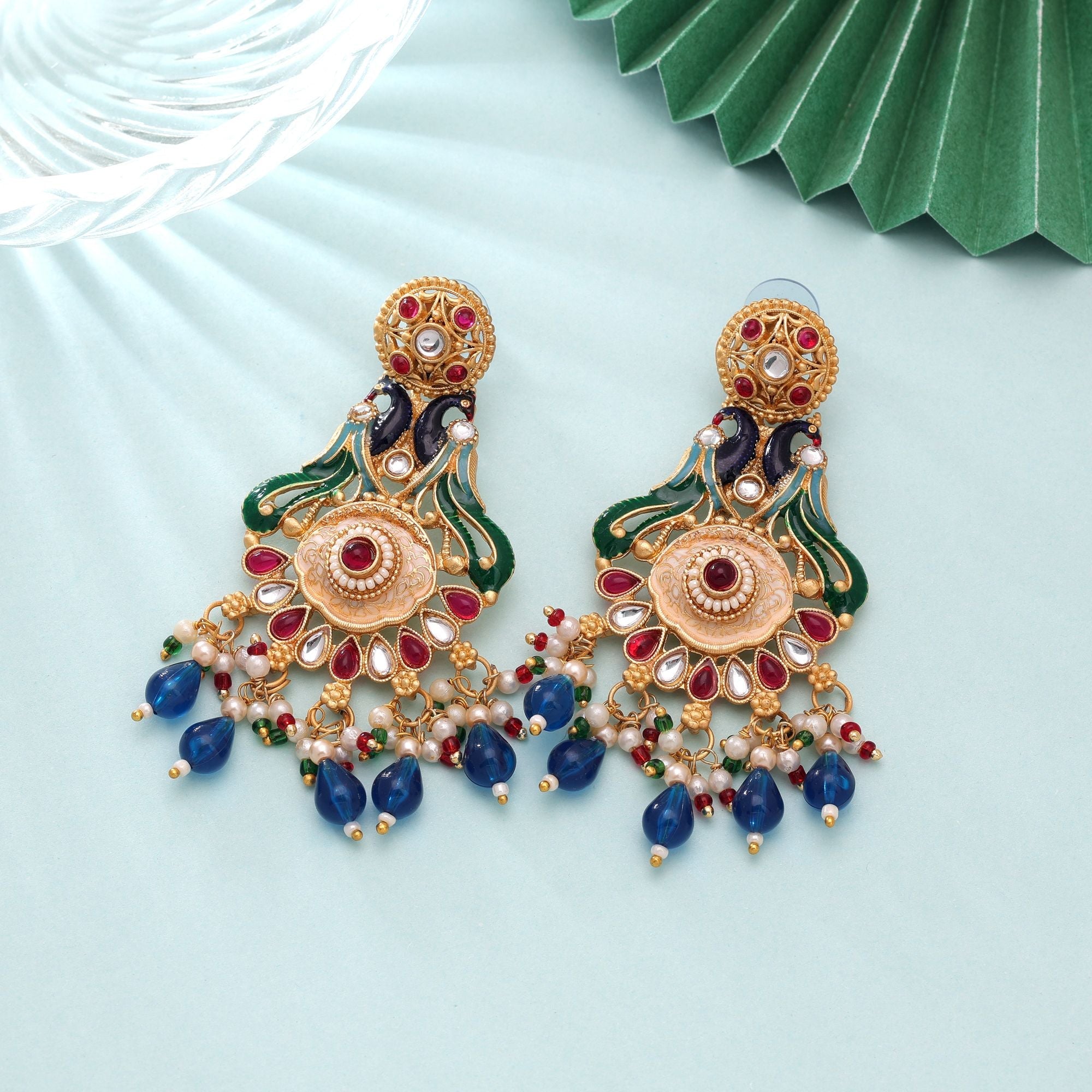 Multi Color Matte Gold Earrings Traditional Designer Style