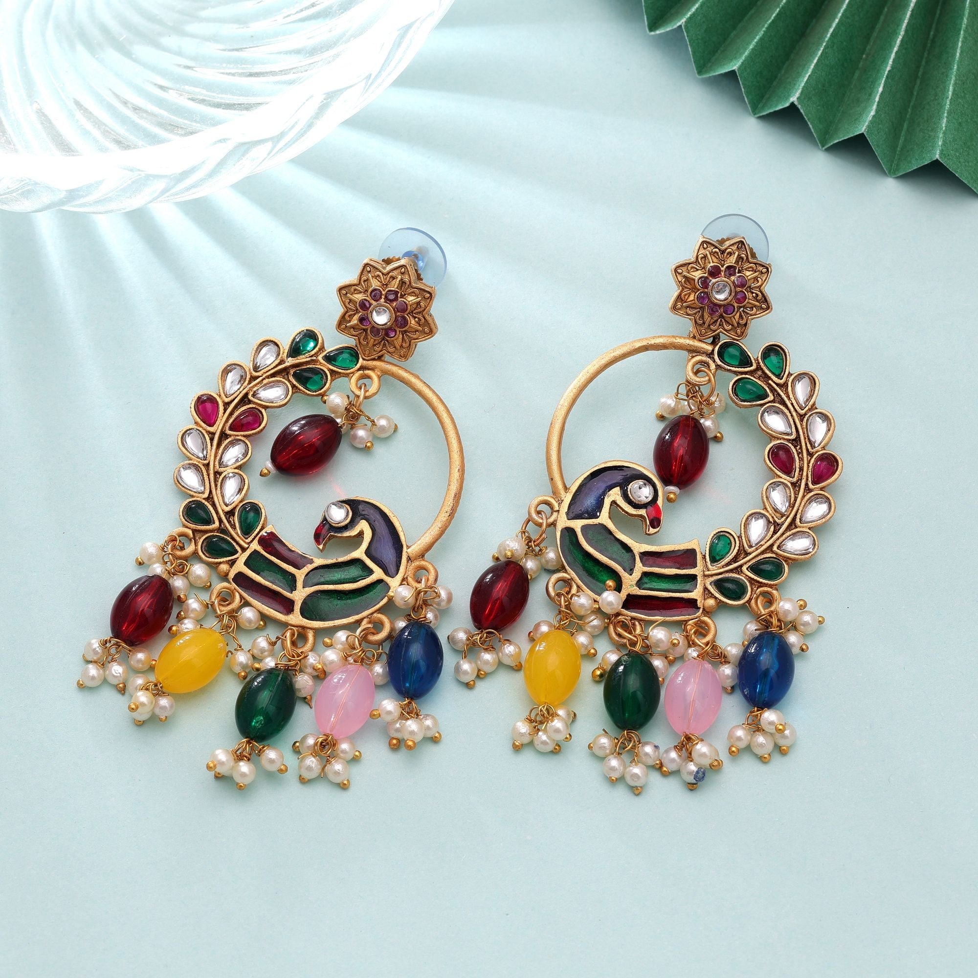 Multi Color Matte Gold Earrings Party Wear Style