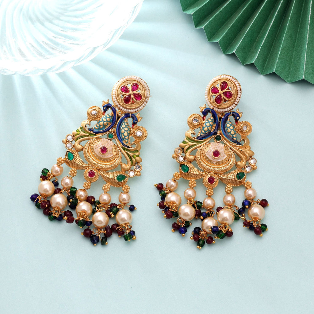 Multi Color Matte Gold Earrings Festive Traditional Design