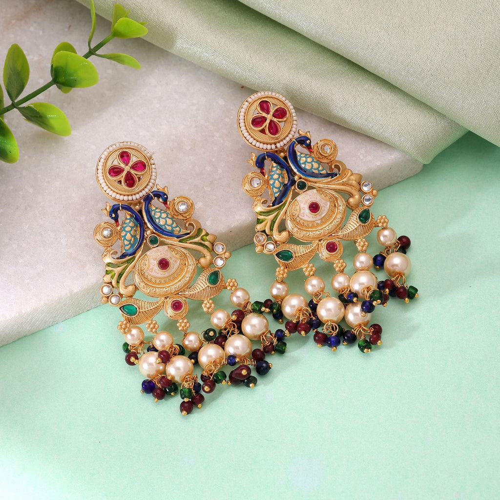 Multi Color Matte Gold Earrings Festive Traditional Design