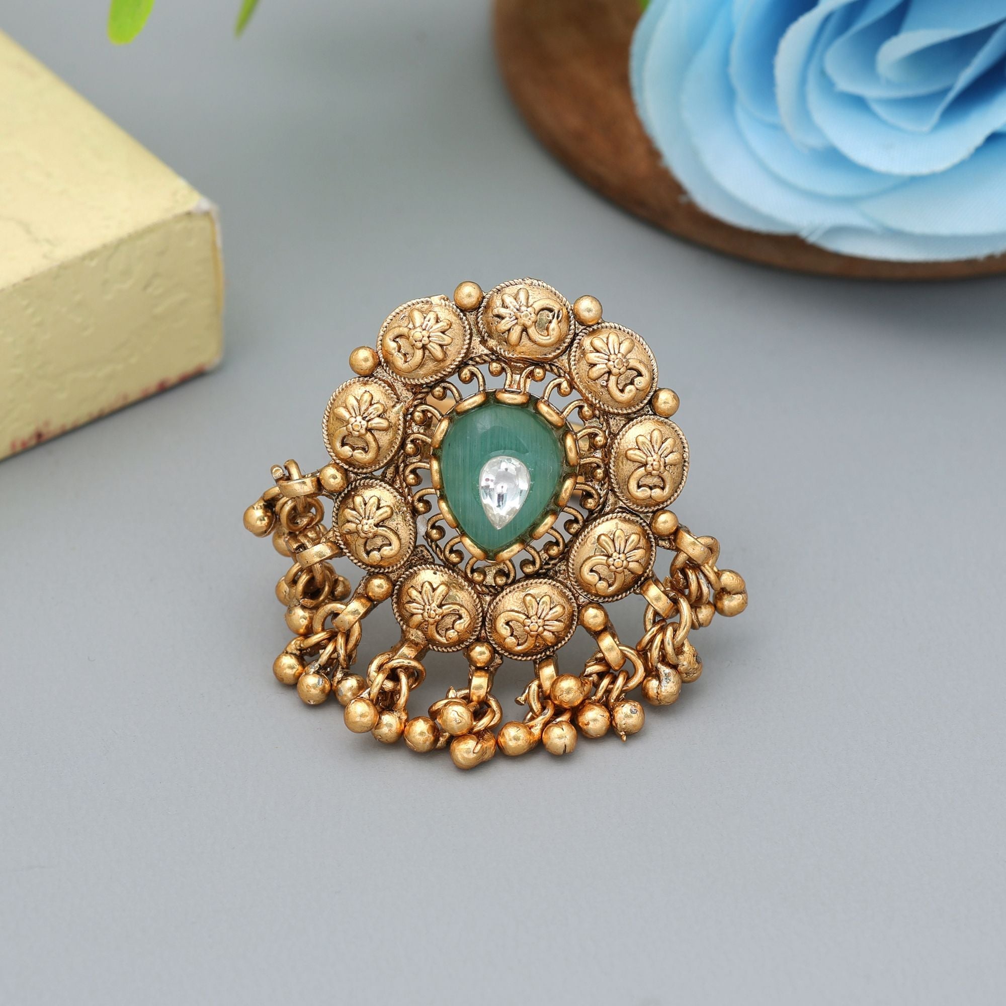 Pista Green Matte Gold Rings Designer