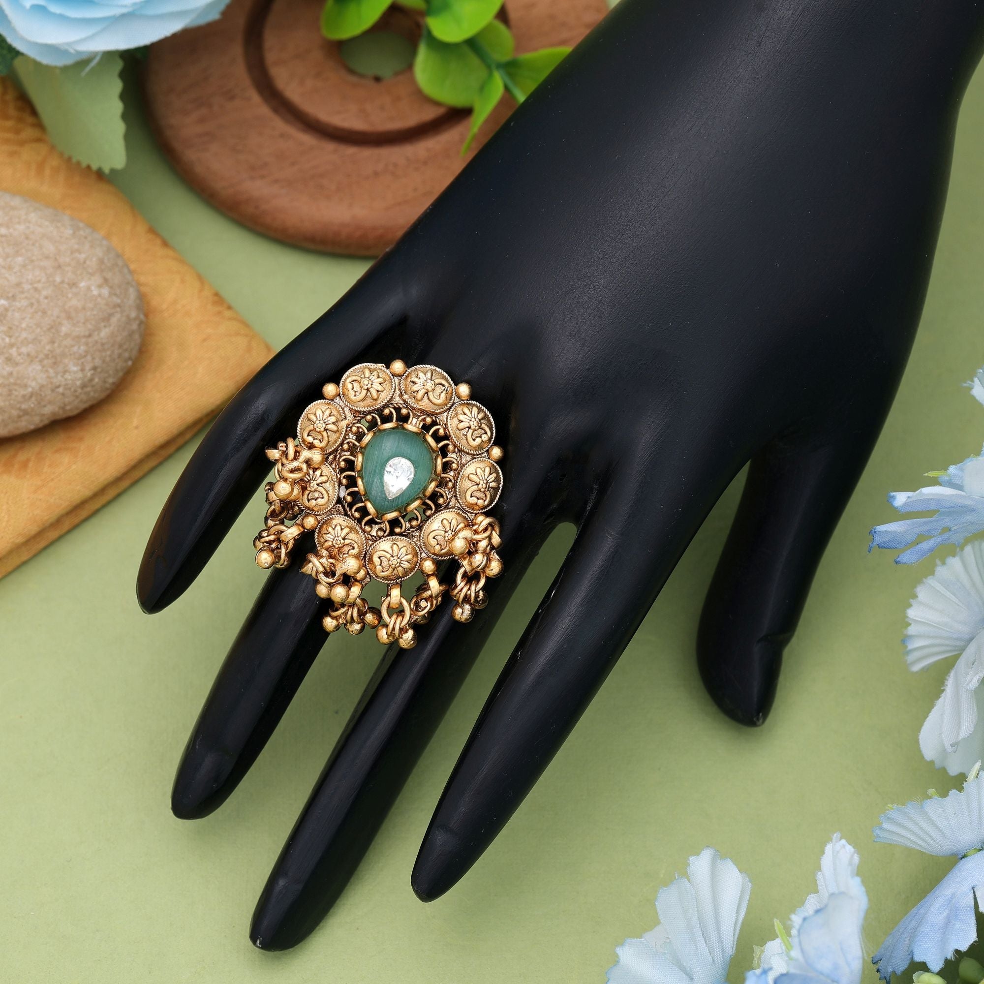 Pista Green Matte Gold Rings Designer