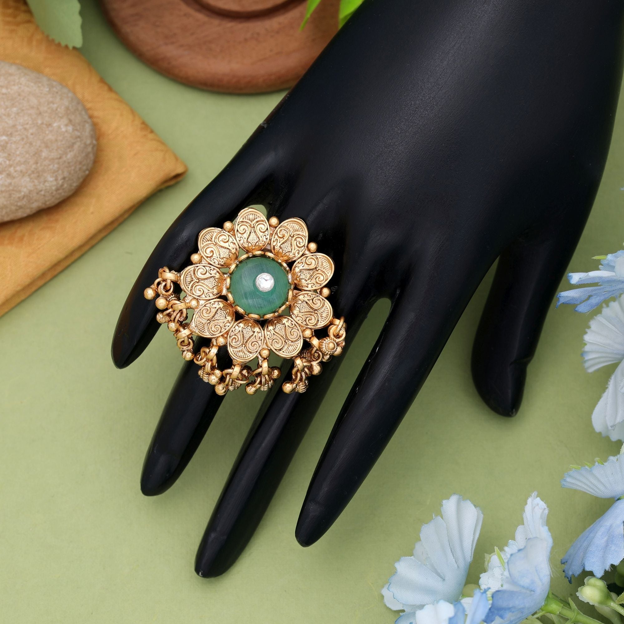 Pista Green Matte Gold Rings Designer