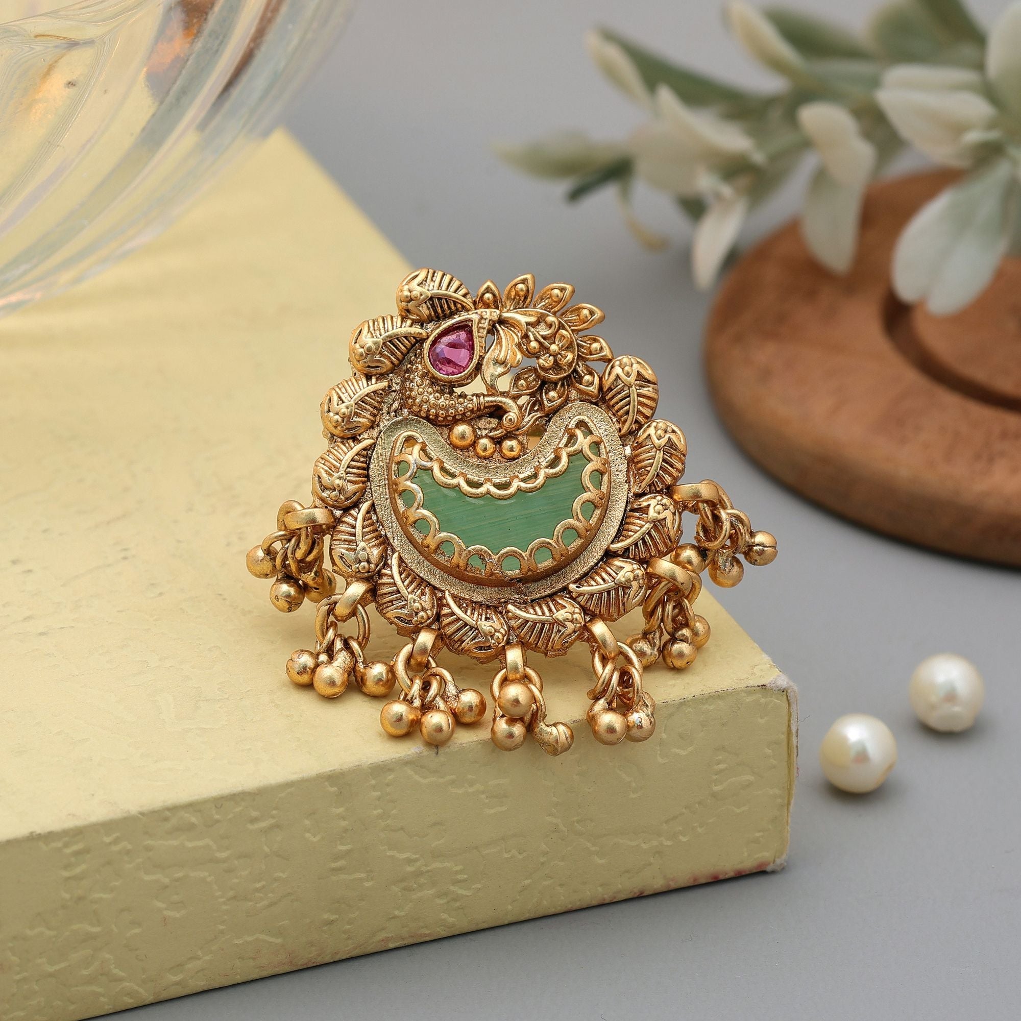 Pista Green Matte Gold Rings Designer