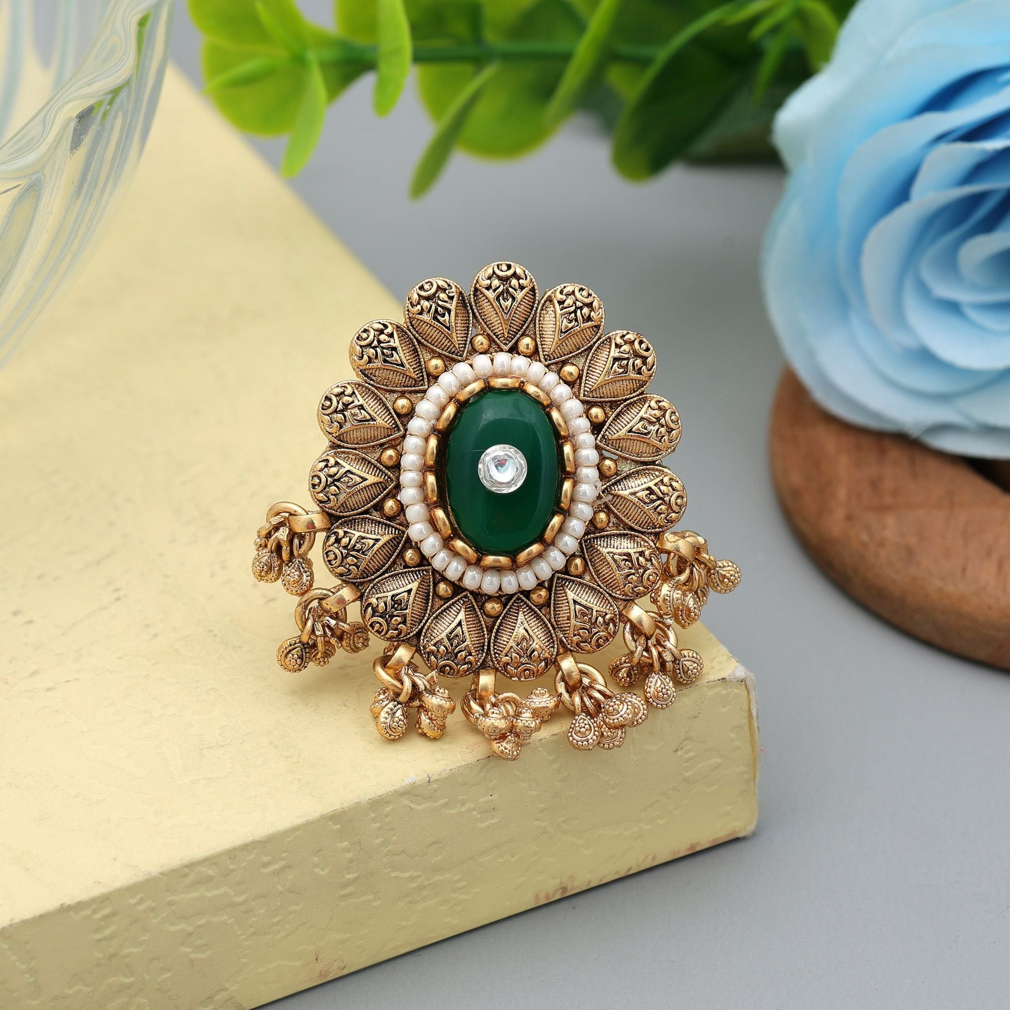 Green Matte Gold Rings Daily Wear