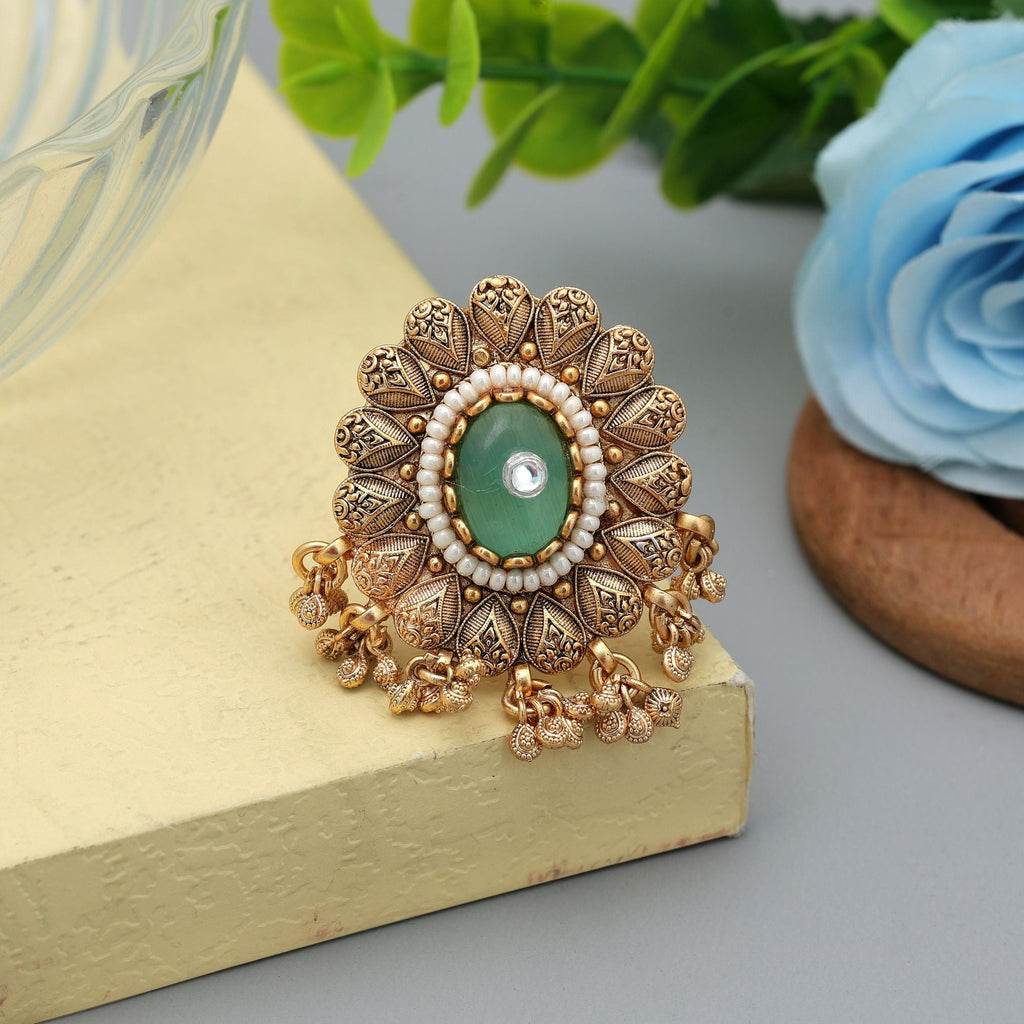 Pista Green Matte Gold Rings Ethnic
