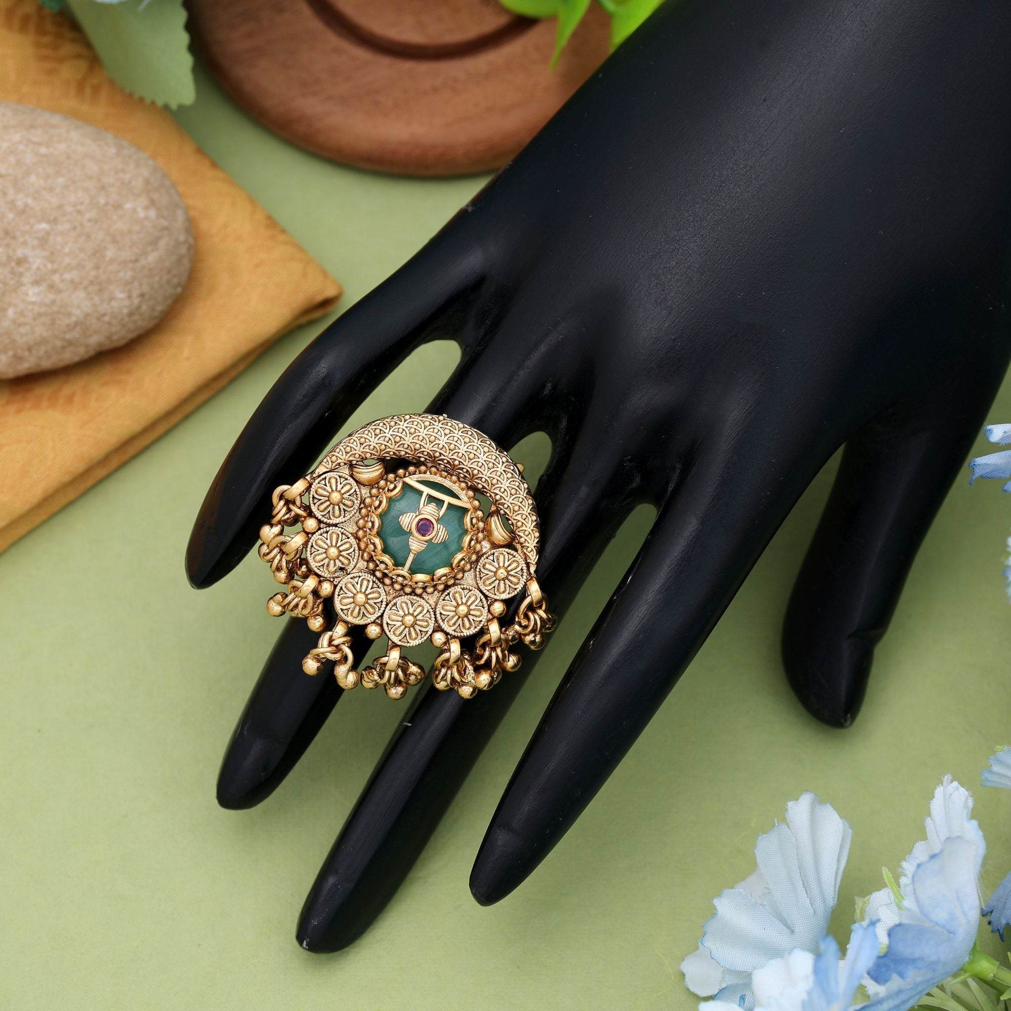 Pista Green Matte Gold Rings Stylish