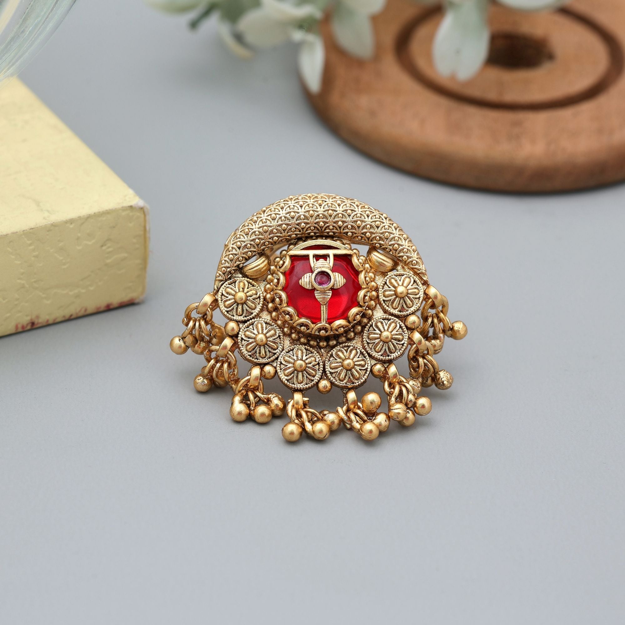 Red Matte Gold Rings Traditional