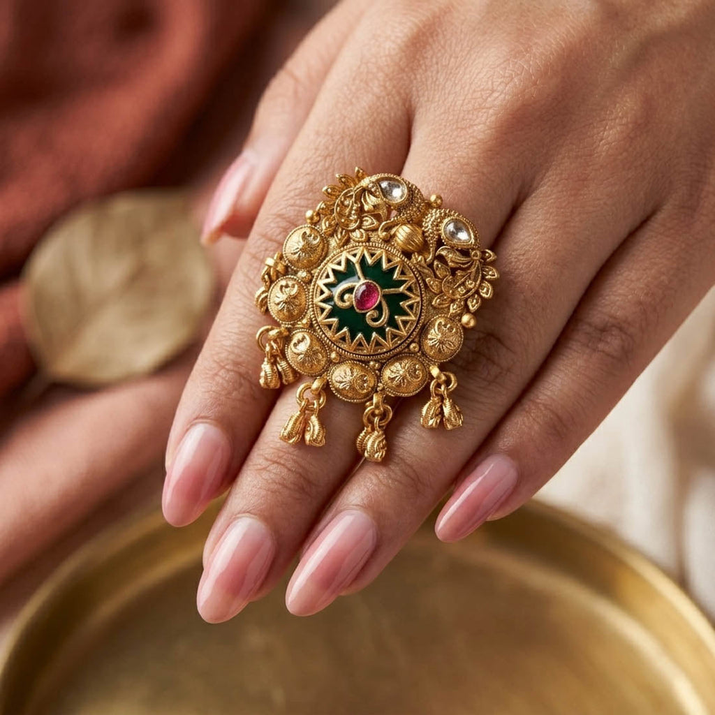 Green Color Matte Gold Rings Classic Traditional Daily Wear Jewelry Design