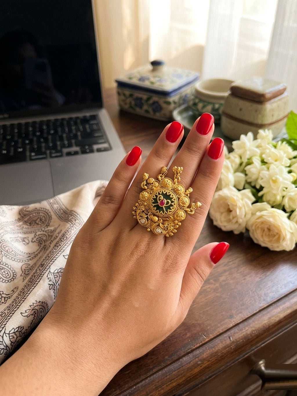 Pista Green Color Matte Gold Rings Stylish Ethnic Designer Jewelry Collection