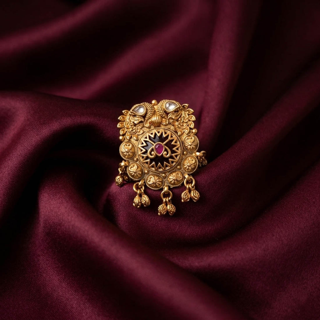 Red Color Matte Gold Rings Bold Festive Bridal Jewelry Collection Design