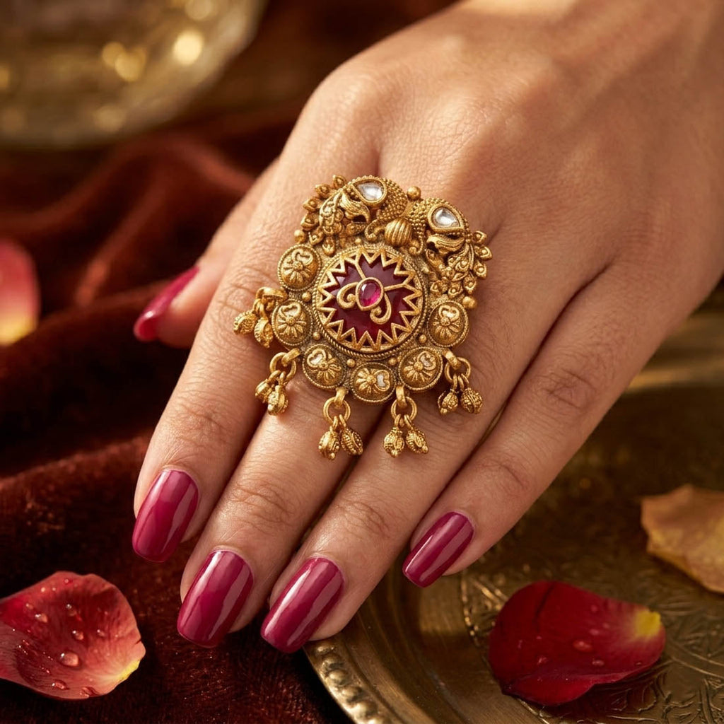 Red Color Matte Gold Rings Bold Festive Bridal Jewelry Collection Design