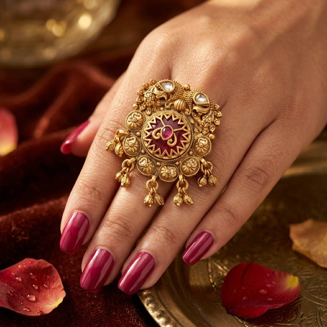 Red Color Matte Gold Rings Bold Festive Bridal Jewelry Collection Design