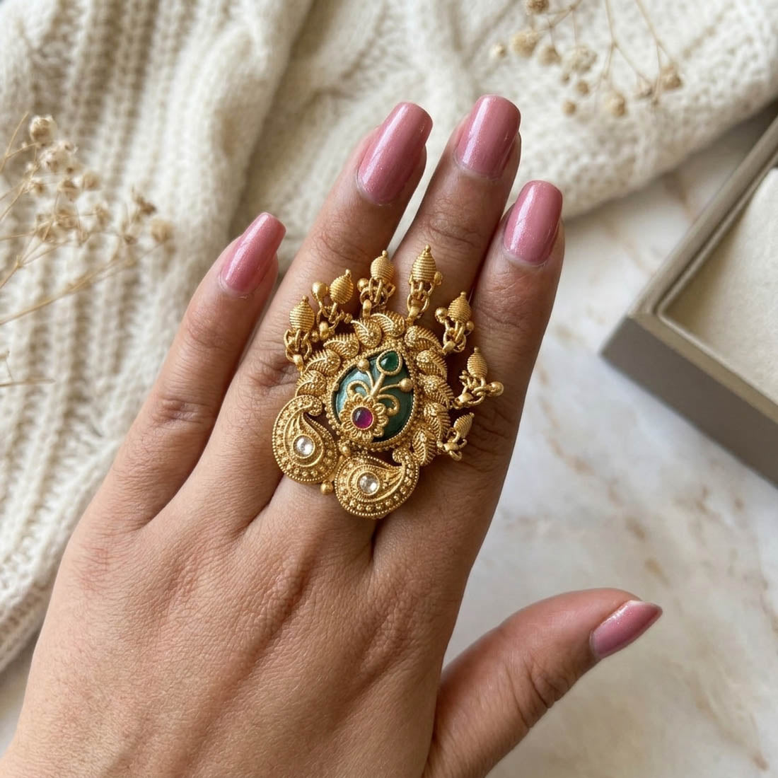Pista Green Color Matte Gold Rings Fresh Stylish Ethnic Jewelry Collection
