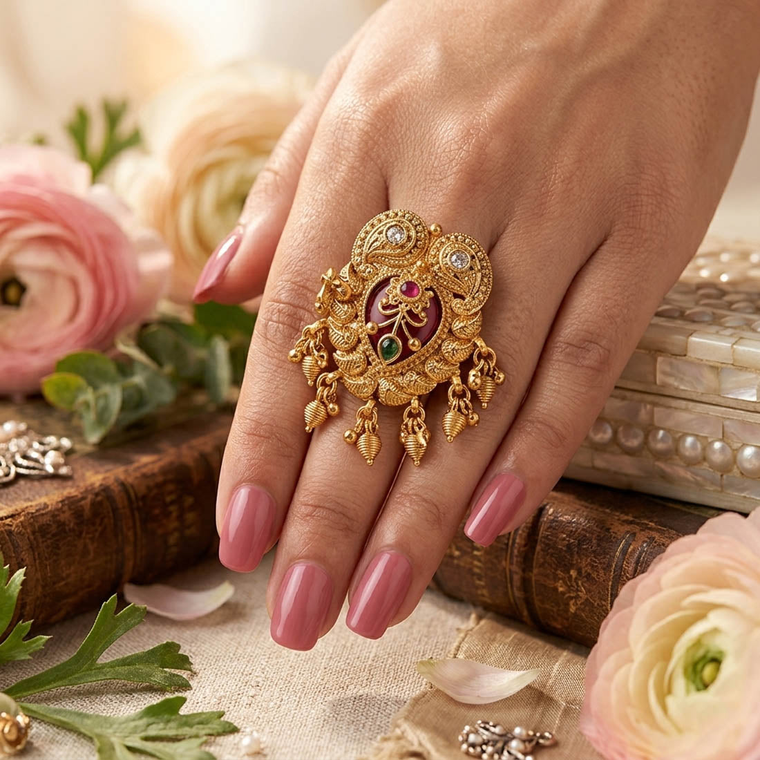 Red Color Matte Gold Rings Elegant Traditional Wedding Jewelry Collection Design