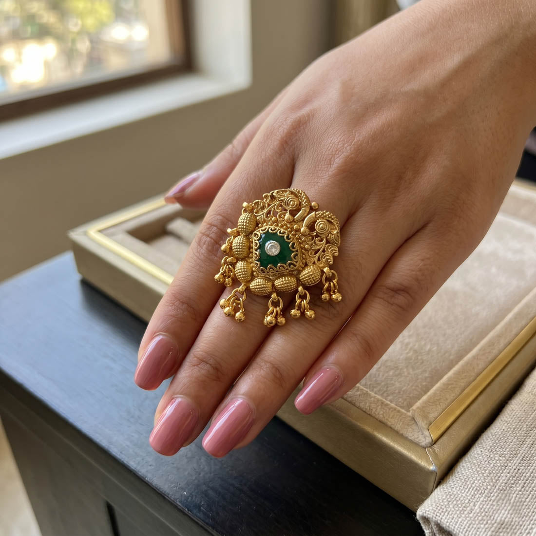 Green Color Matte Gold Rings Classic Elegant Ethnic Jewelry Collection Design