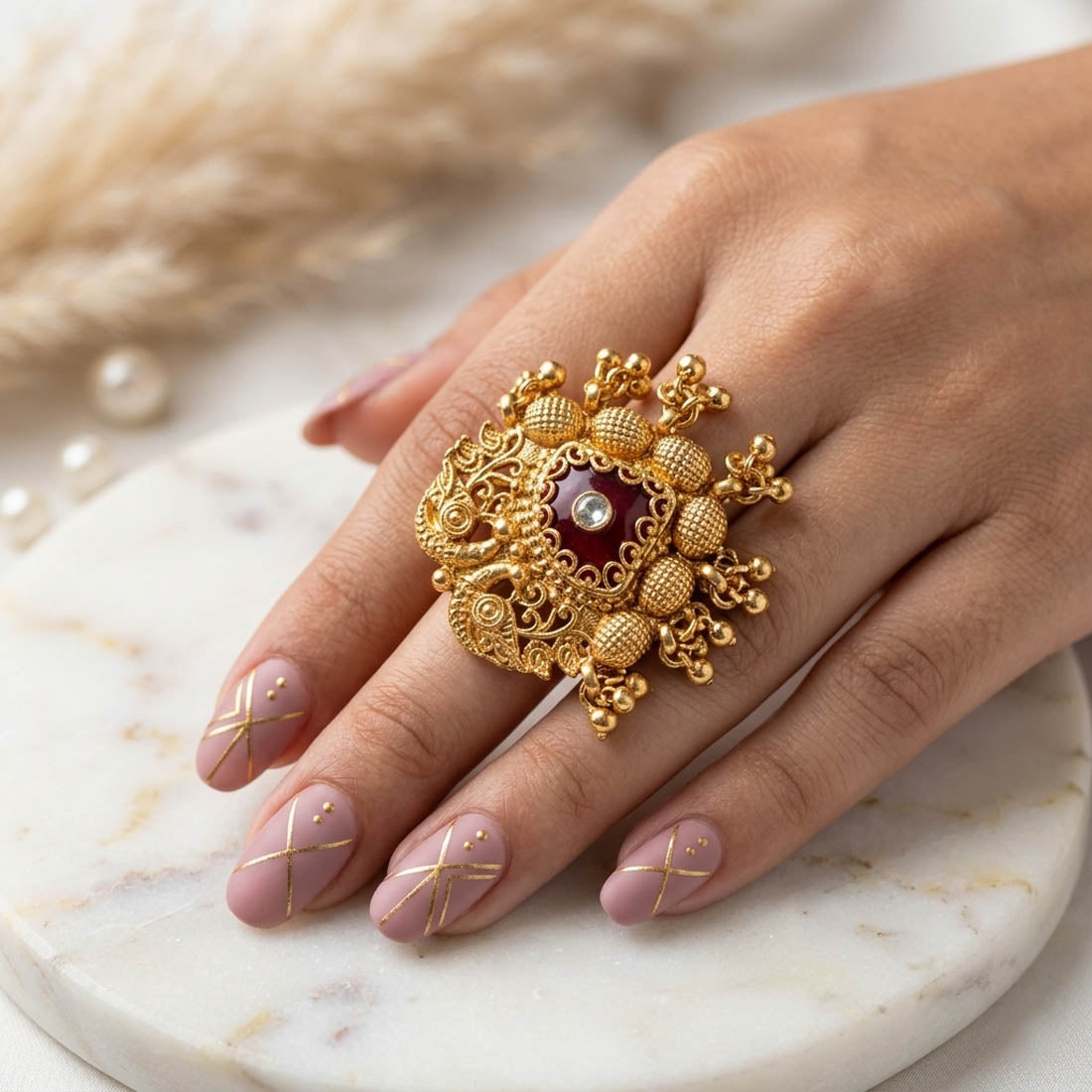 Red Color Matte Gold Rings Traditional Festive Statement Jewelry Collection Design