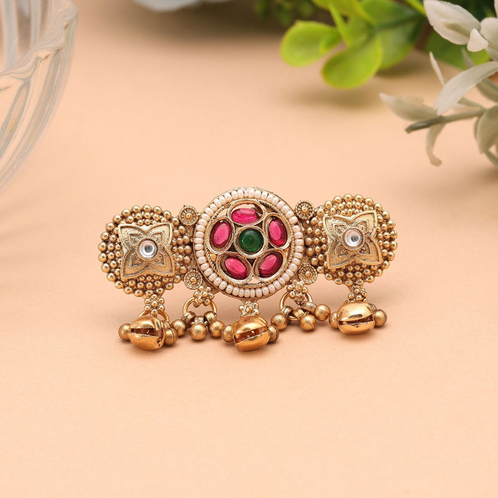 Green & Rani Color Matte Gold Plated Kashmiri Ring