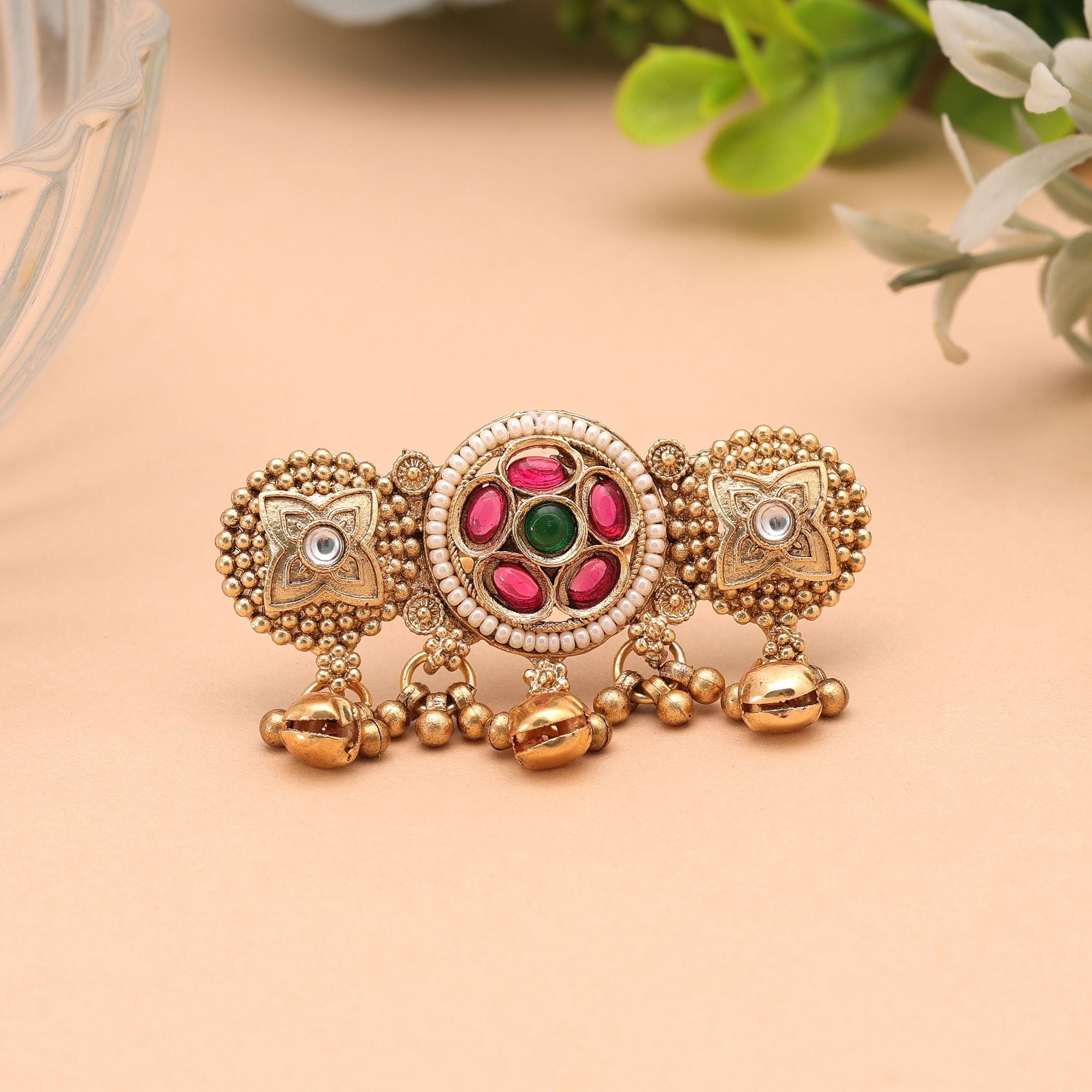 Green & Rani Color Matte Gold Plated Kashmiri Ring