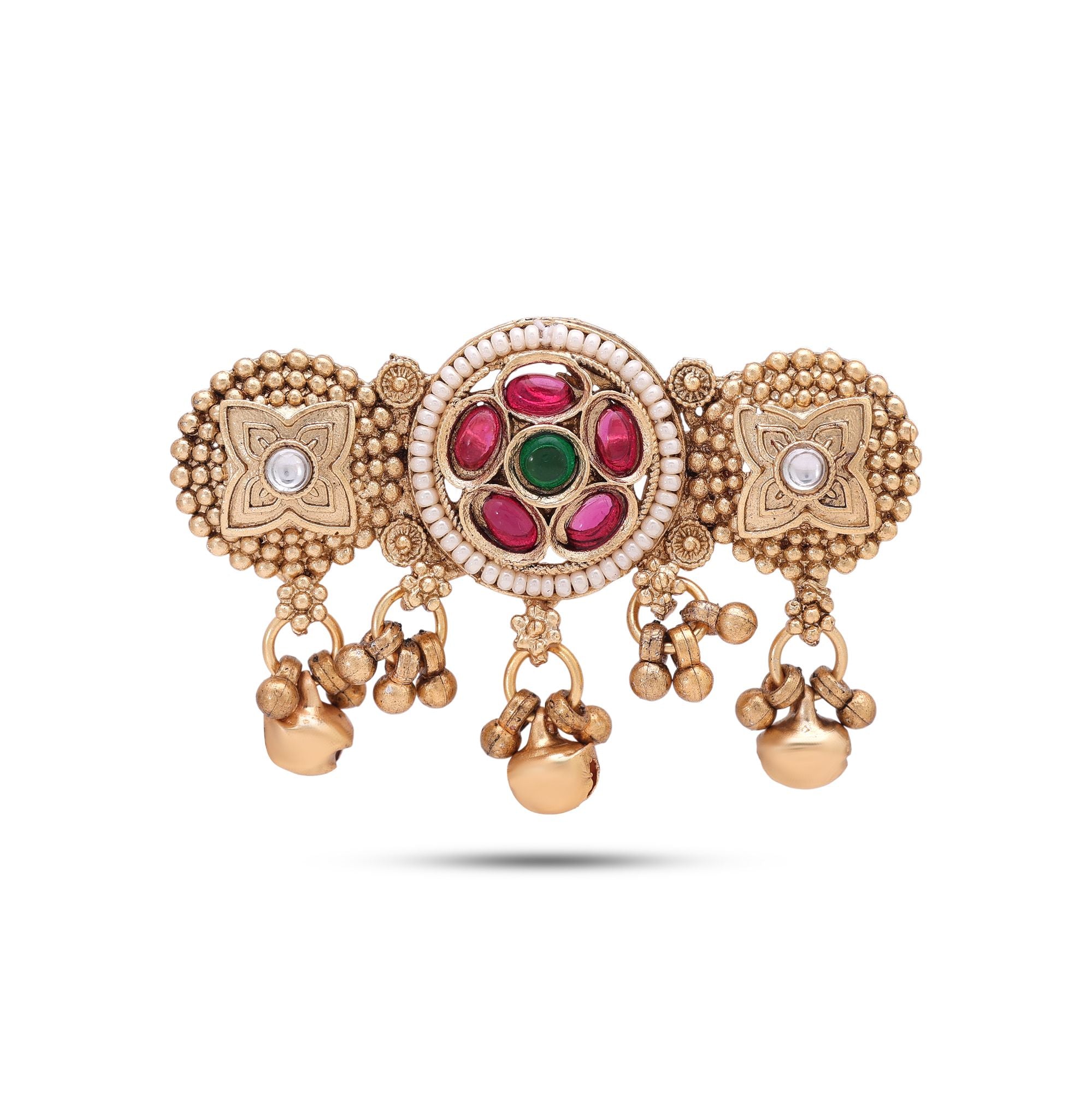 Green & Rani Color Matte Gold Plated Kashmiri Ring