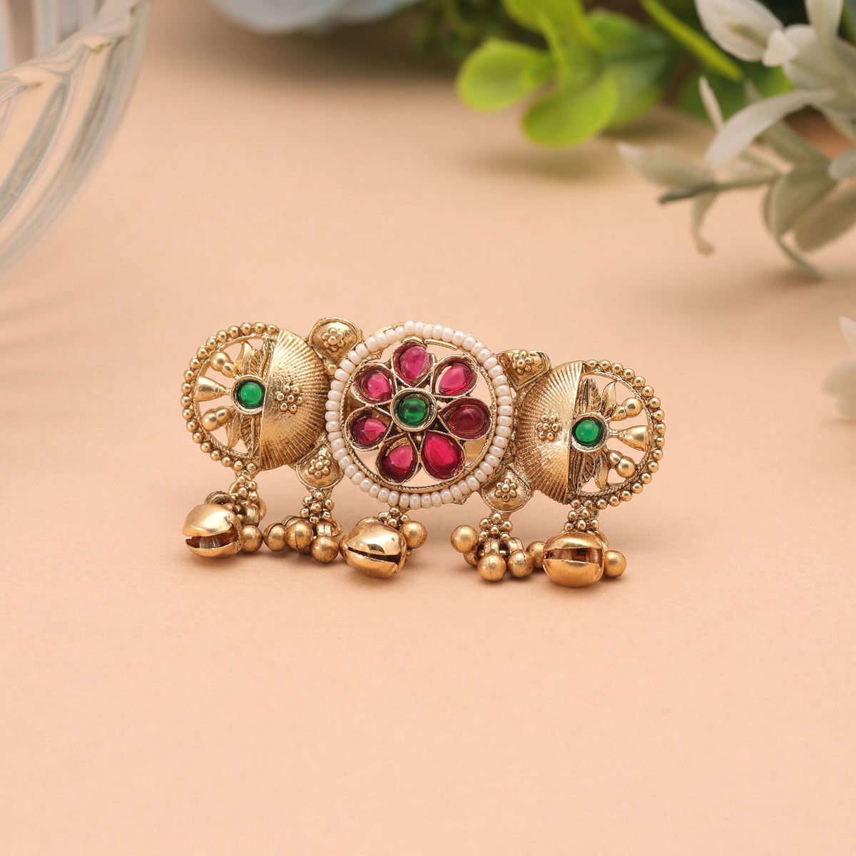 Green & Rani Color Designer Matte Gold Plated Kashmiri Ring