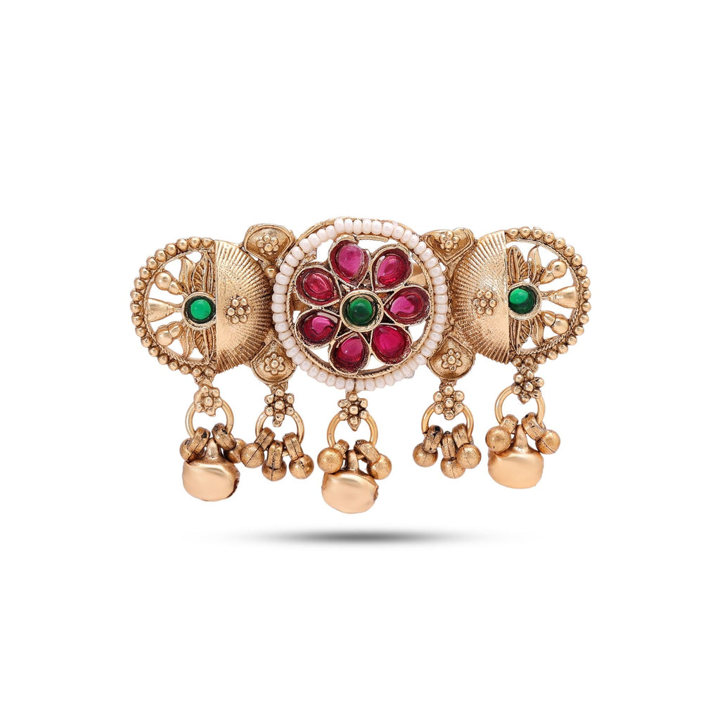Green & Rani Color Designer Matte Gold Plated Kashmiri Ring