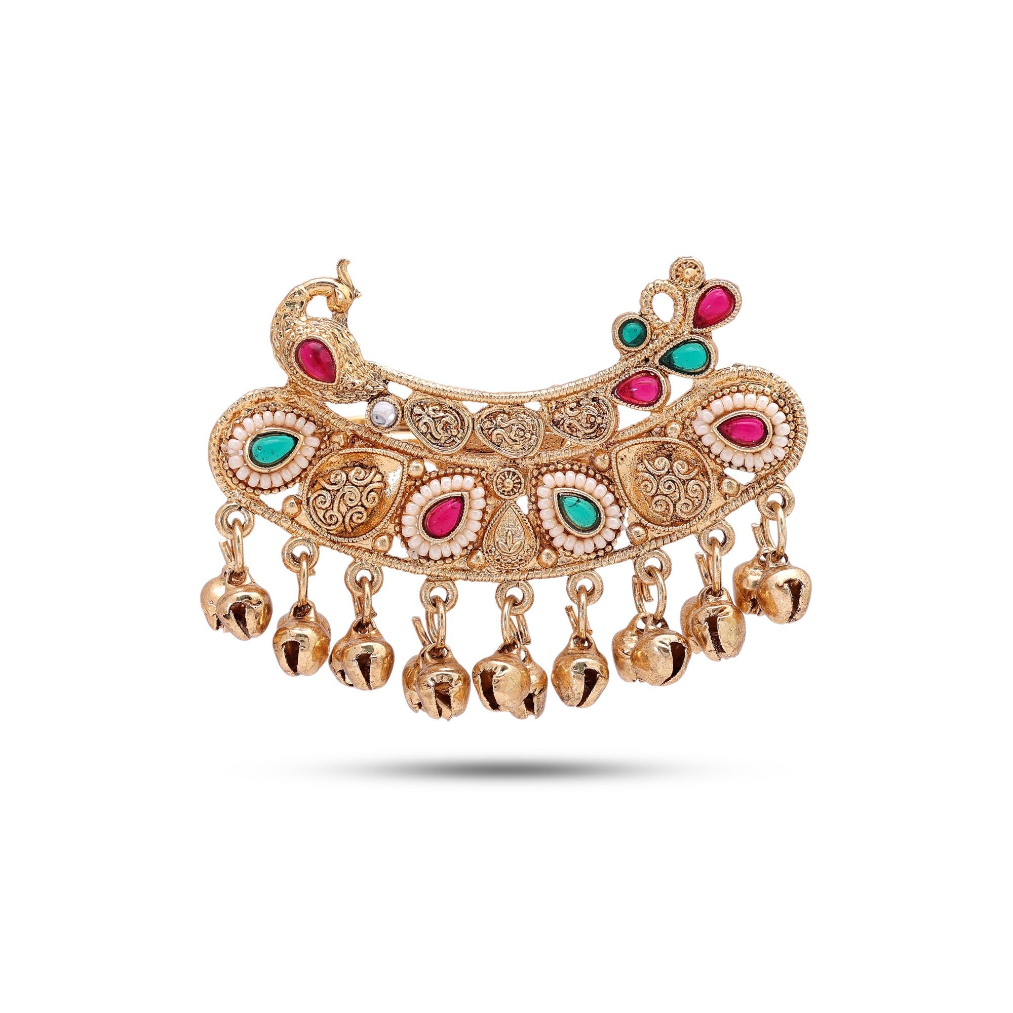 Green & Rani Color Matte Gold Plated Double Finger Kashmiri Ring