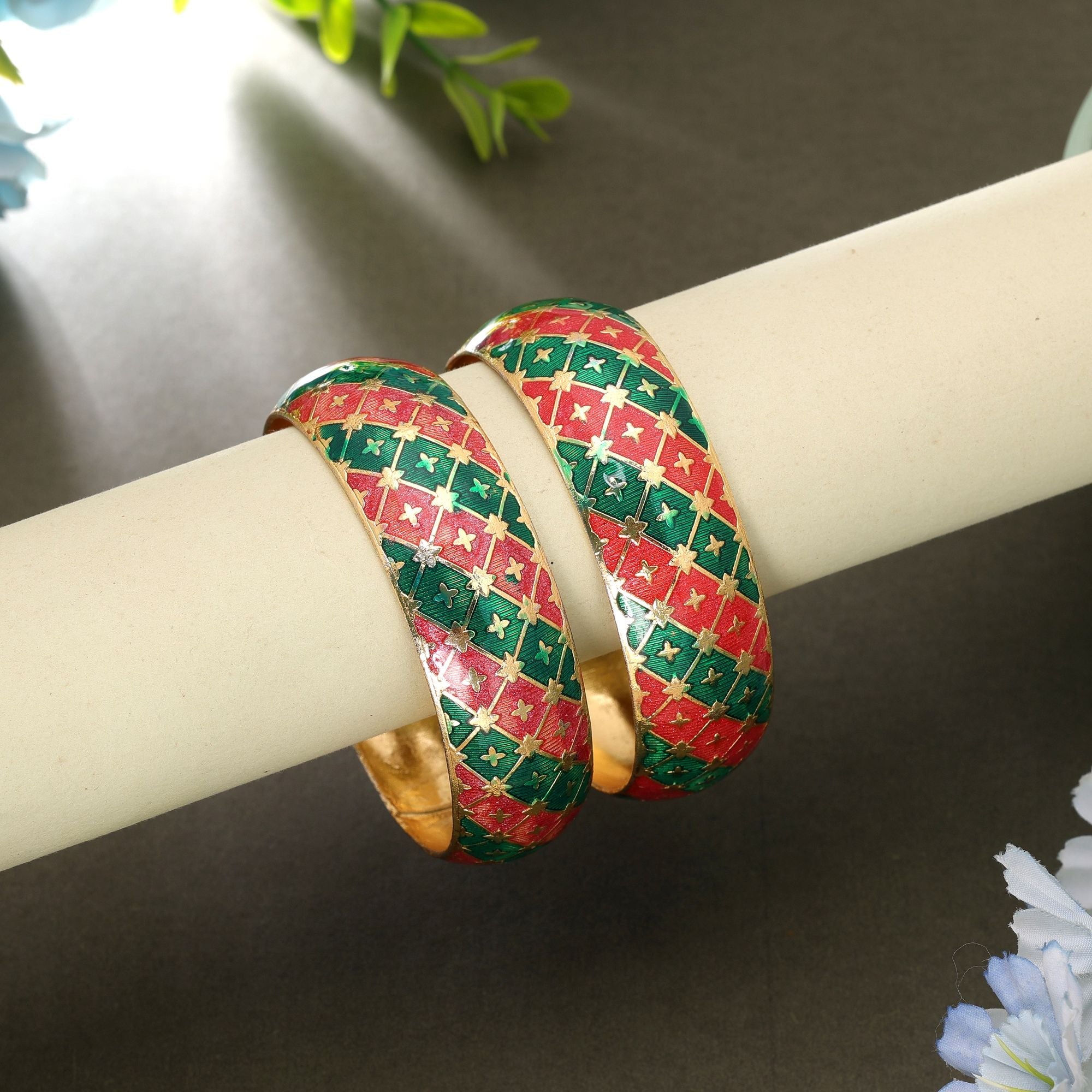 Green & Rani Color Hand Painted Meenakari Bangle Pair