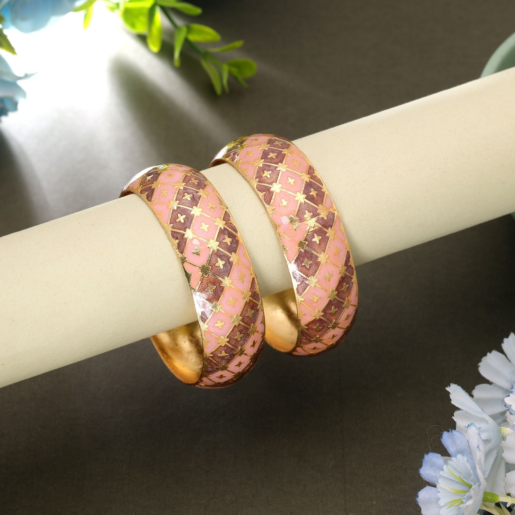 Peach & Brown Color Hand Painted Meenakari Bangle Pair