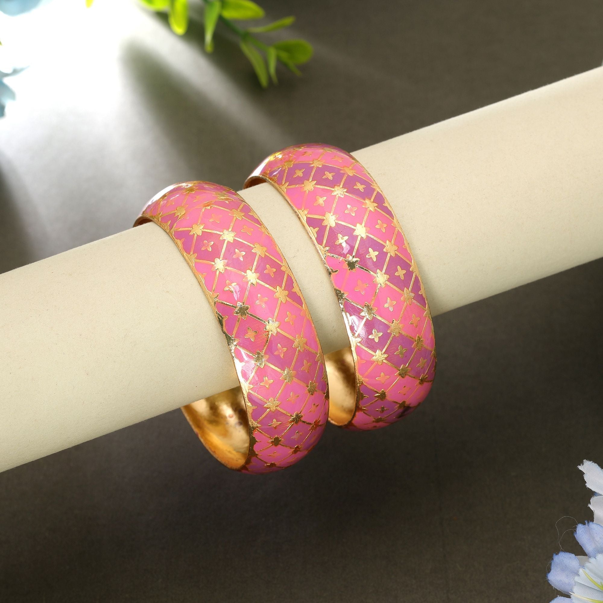 Pink Color Hand Painted Meenakari Bangle Pair Design