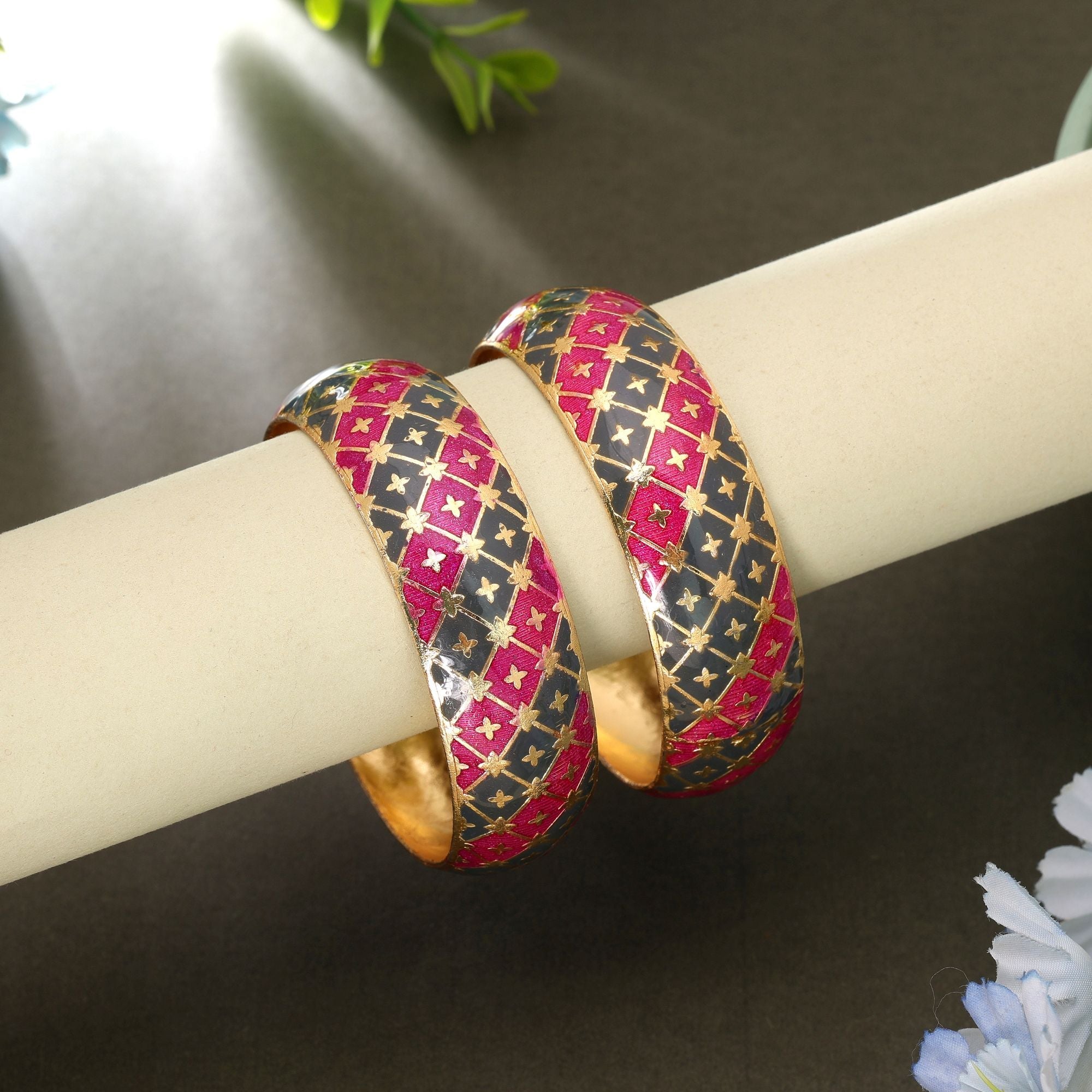 Rani & Grey Color Hand Painted Meenakari Bangle Pair