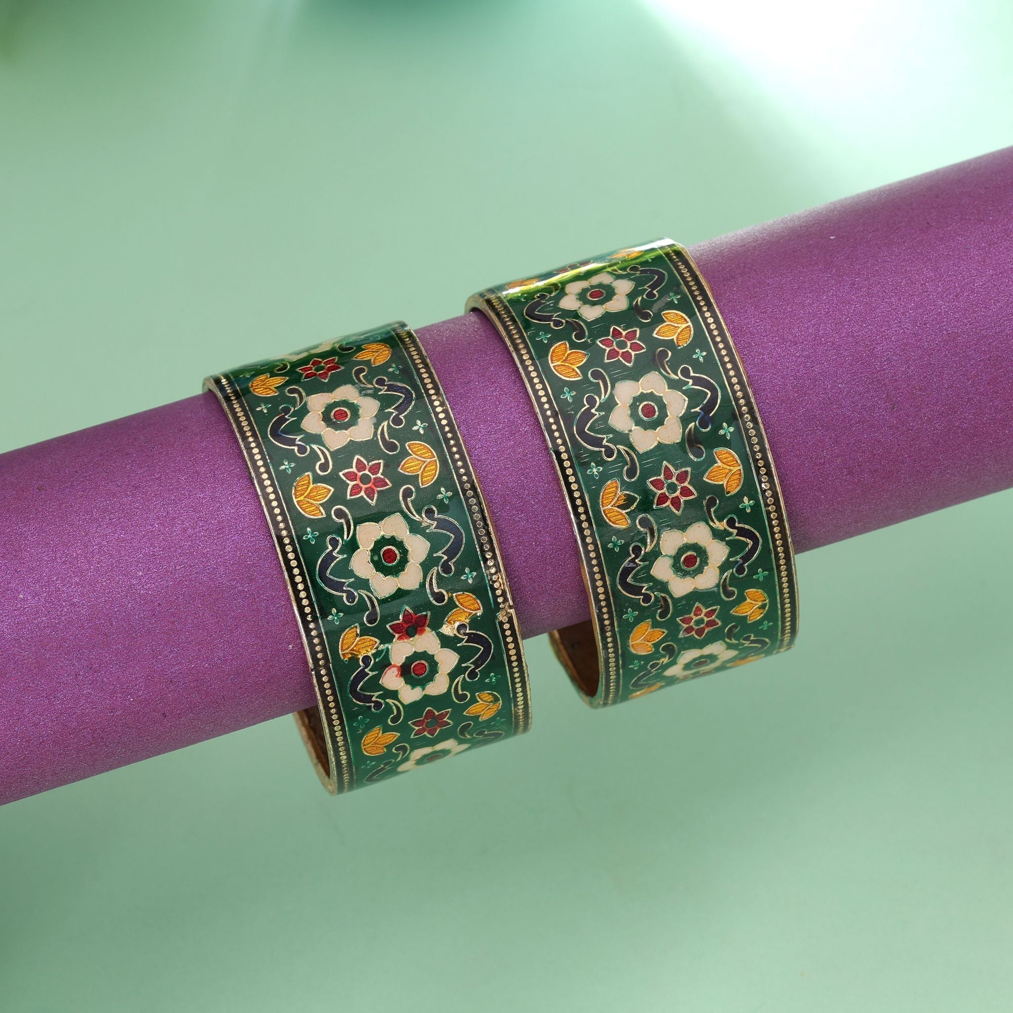 Green Color Meenakari Bangle Pair Ethnic Jewelry Style