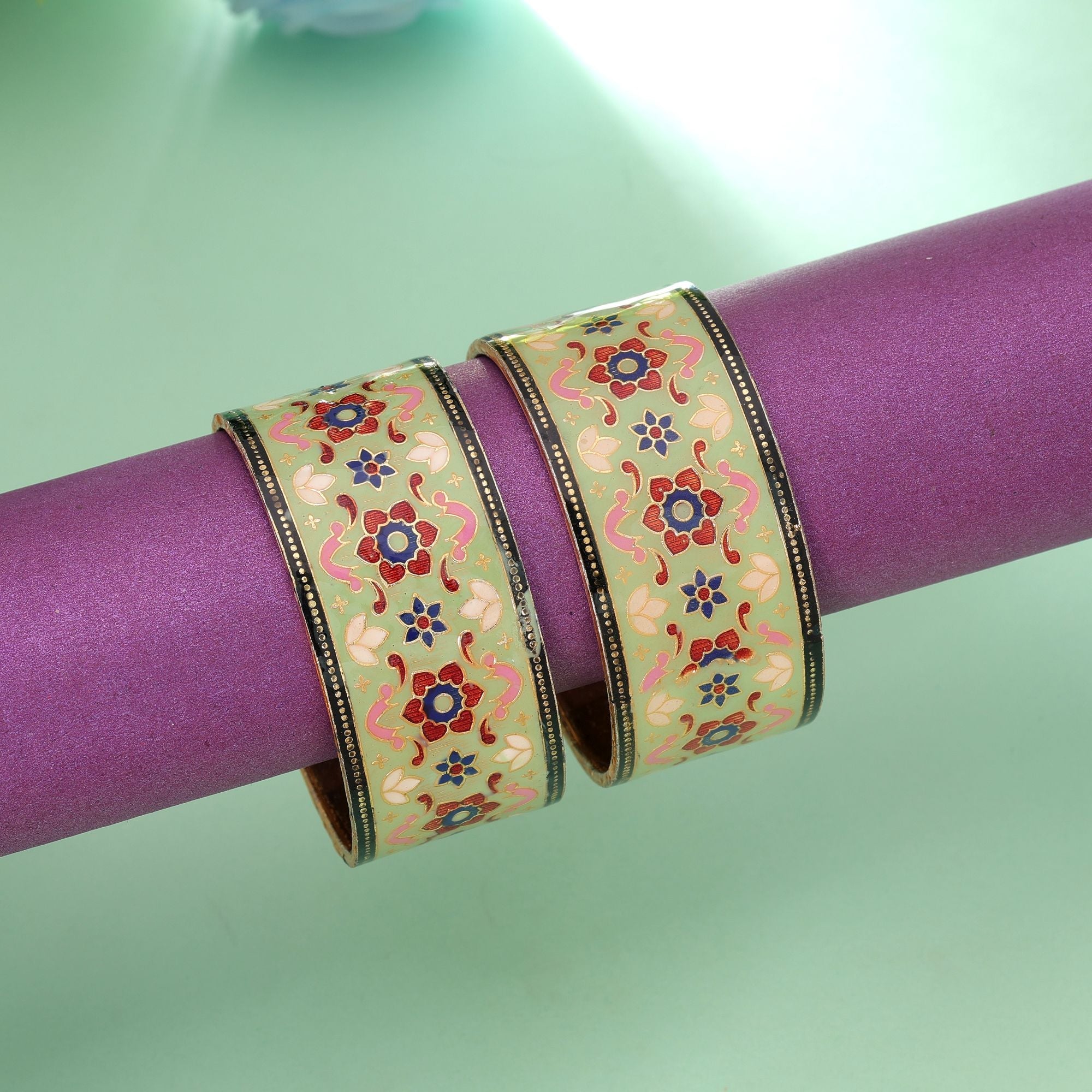 Light Green Color Hand Painted Meenakari Bangle Pair