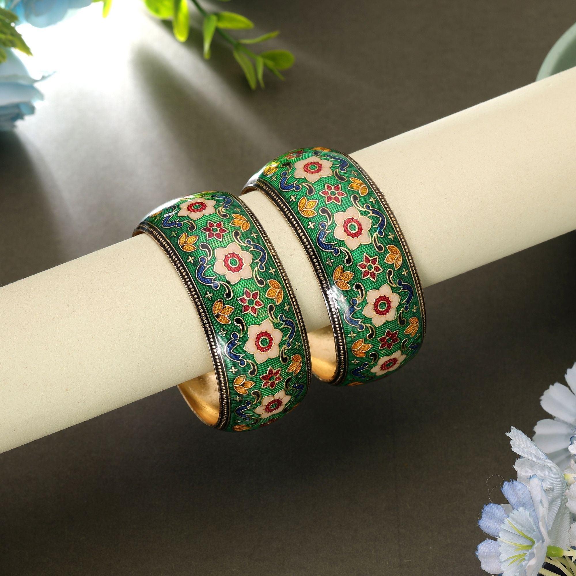 Green Color Hand Painted Meenakari Bangle Pair Design
