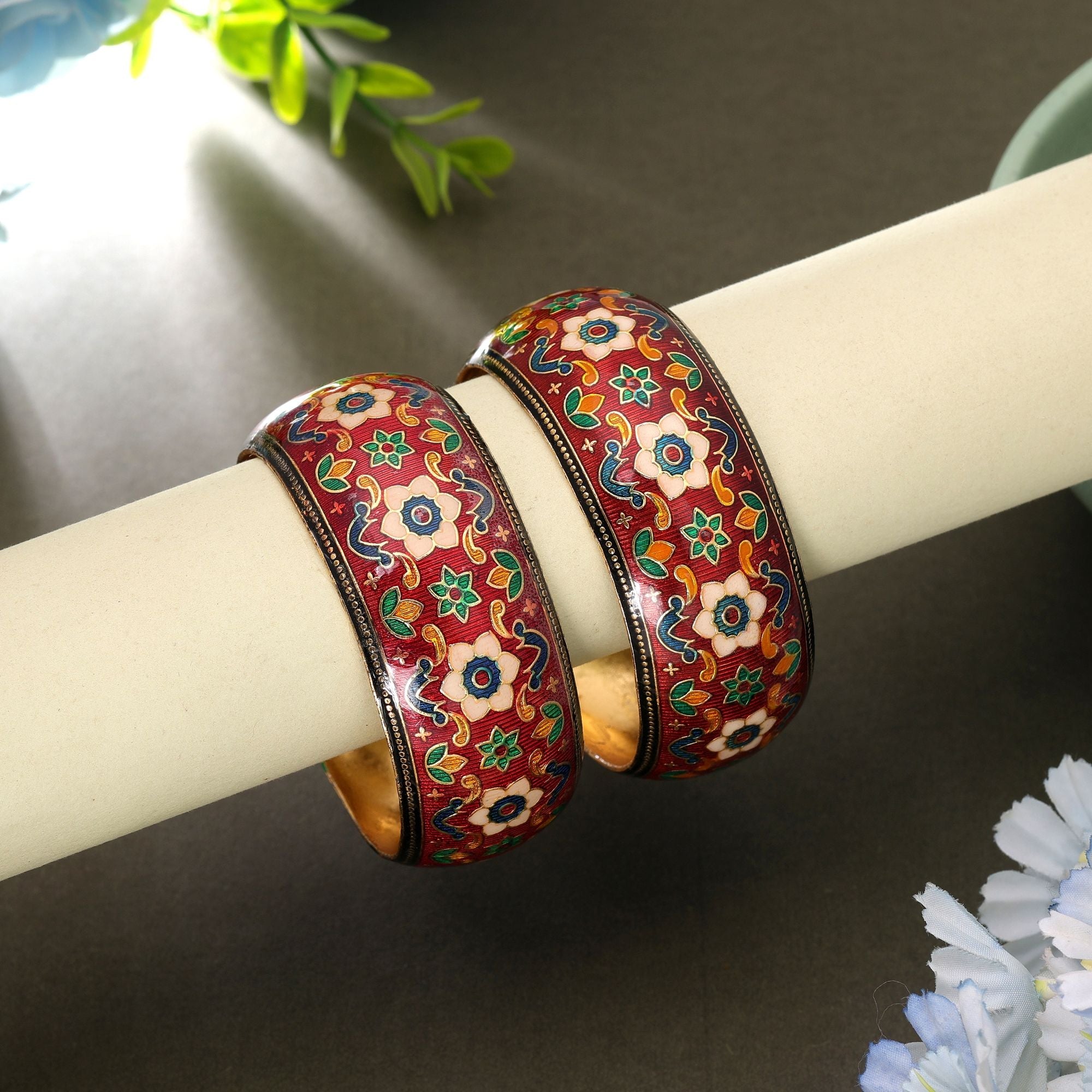 Maroon Color Hand Painted Meenakari Bangle Pair