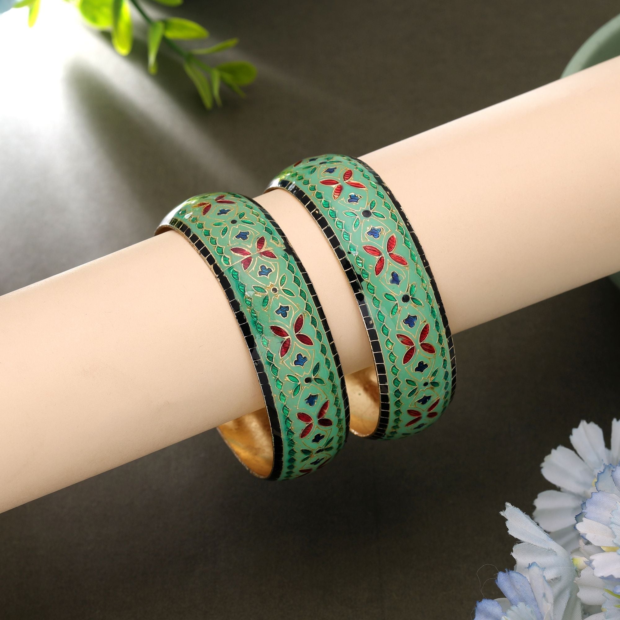 Pista Green Color Hand Painted Meenakari Bangle Pair