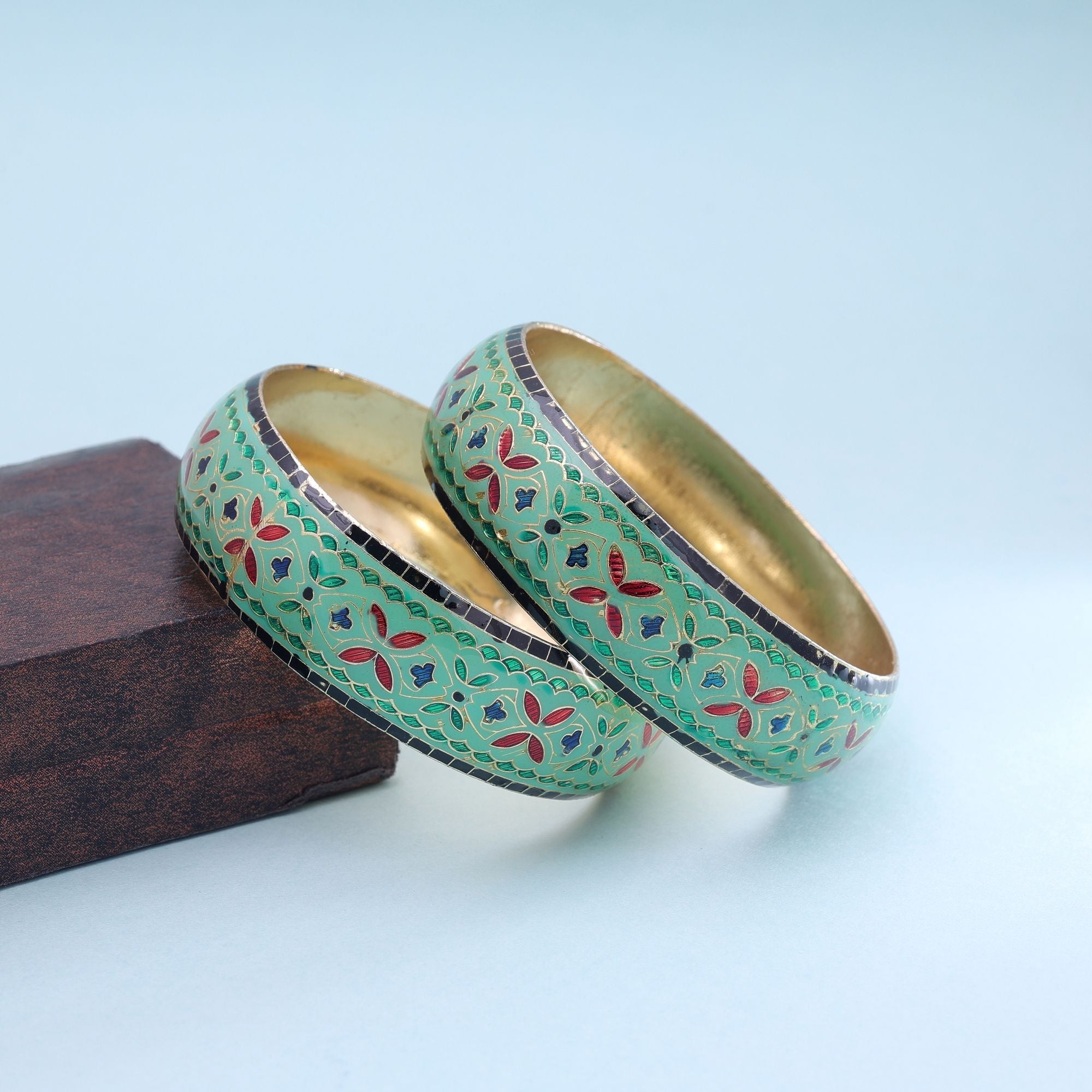 Pista Green Color Hand Painted Meenakari Bangle Pair
