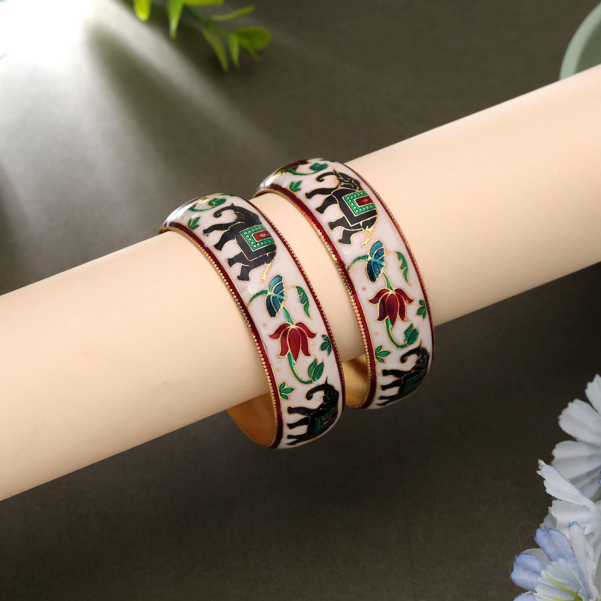 White Color Hand Painted Meenakari Bangle Pair