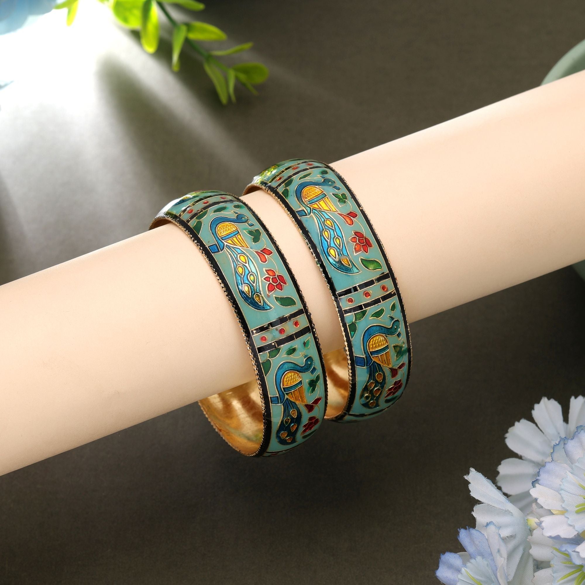 Light Green Color Meenakari Bangle Pair Stylish Look