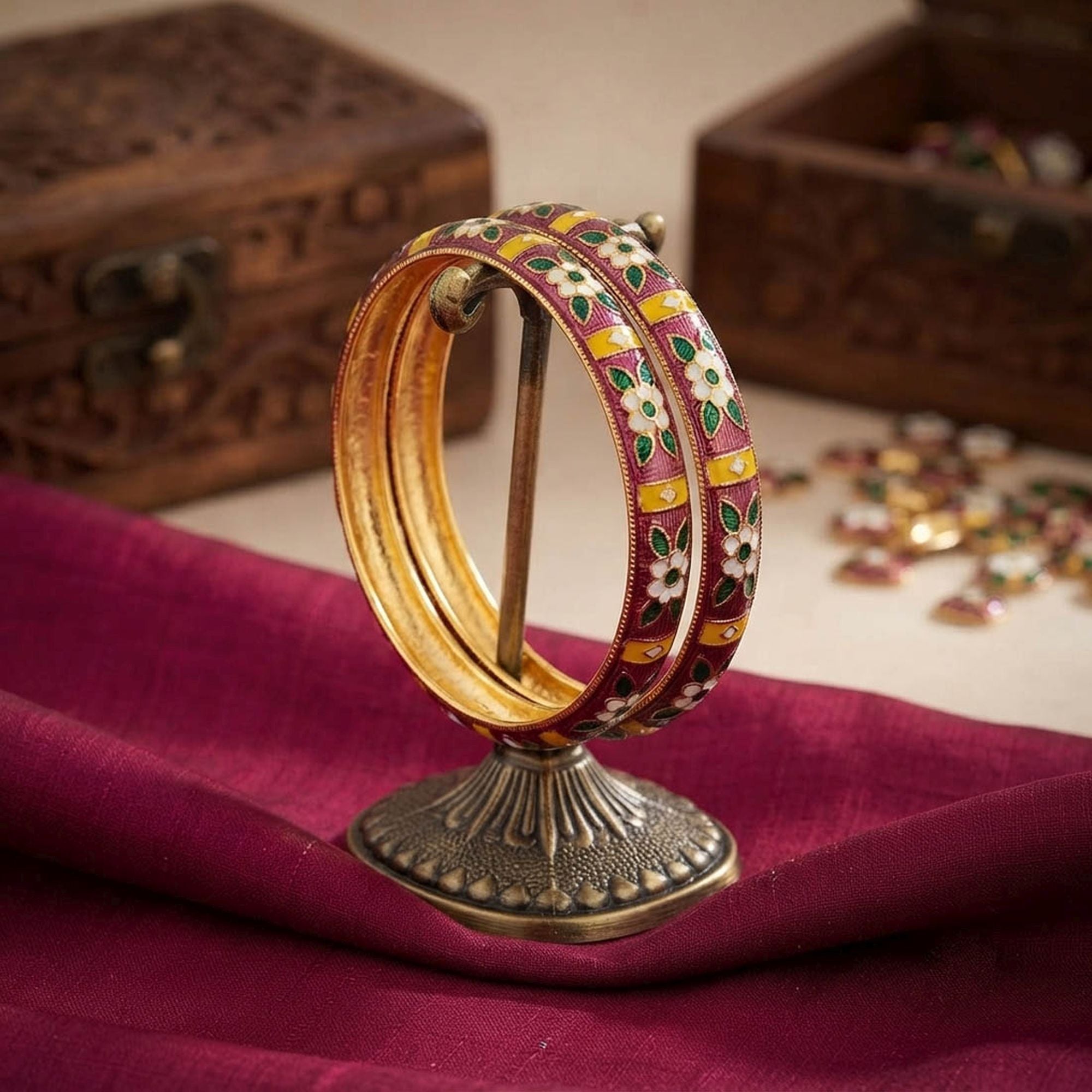 Purple & Green Color Hand Painted Meenakari Bangle Pair