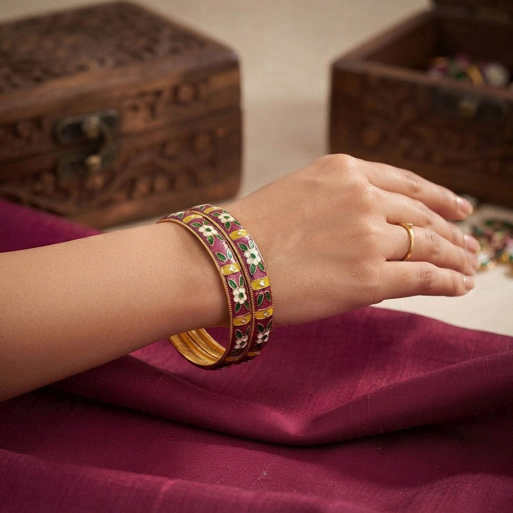 Purple & Green Color Hand Painted Meenakari Bangle Pair