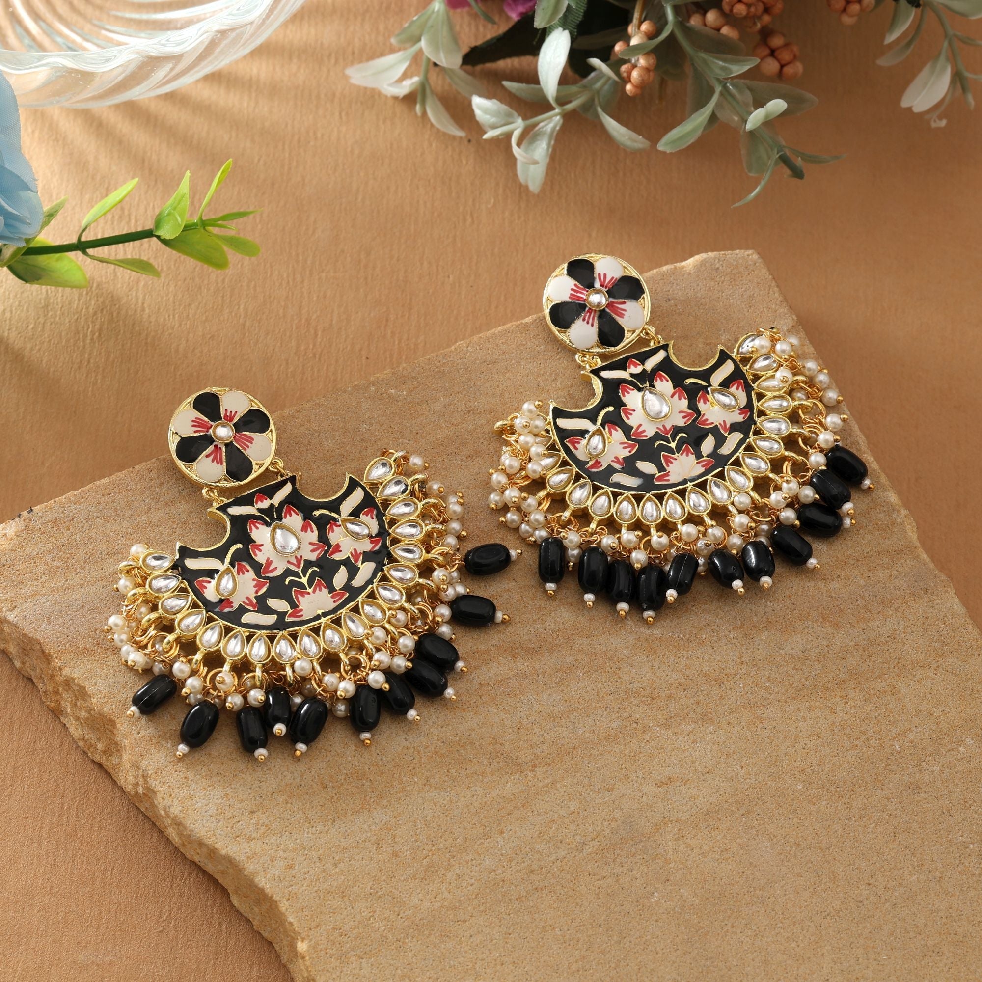 Black Color Meenakari Earrings Crafted With Bold Enamel Artistry For Striking Ethnic Elegance