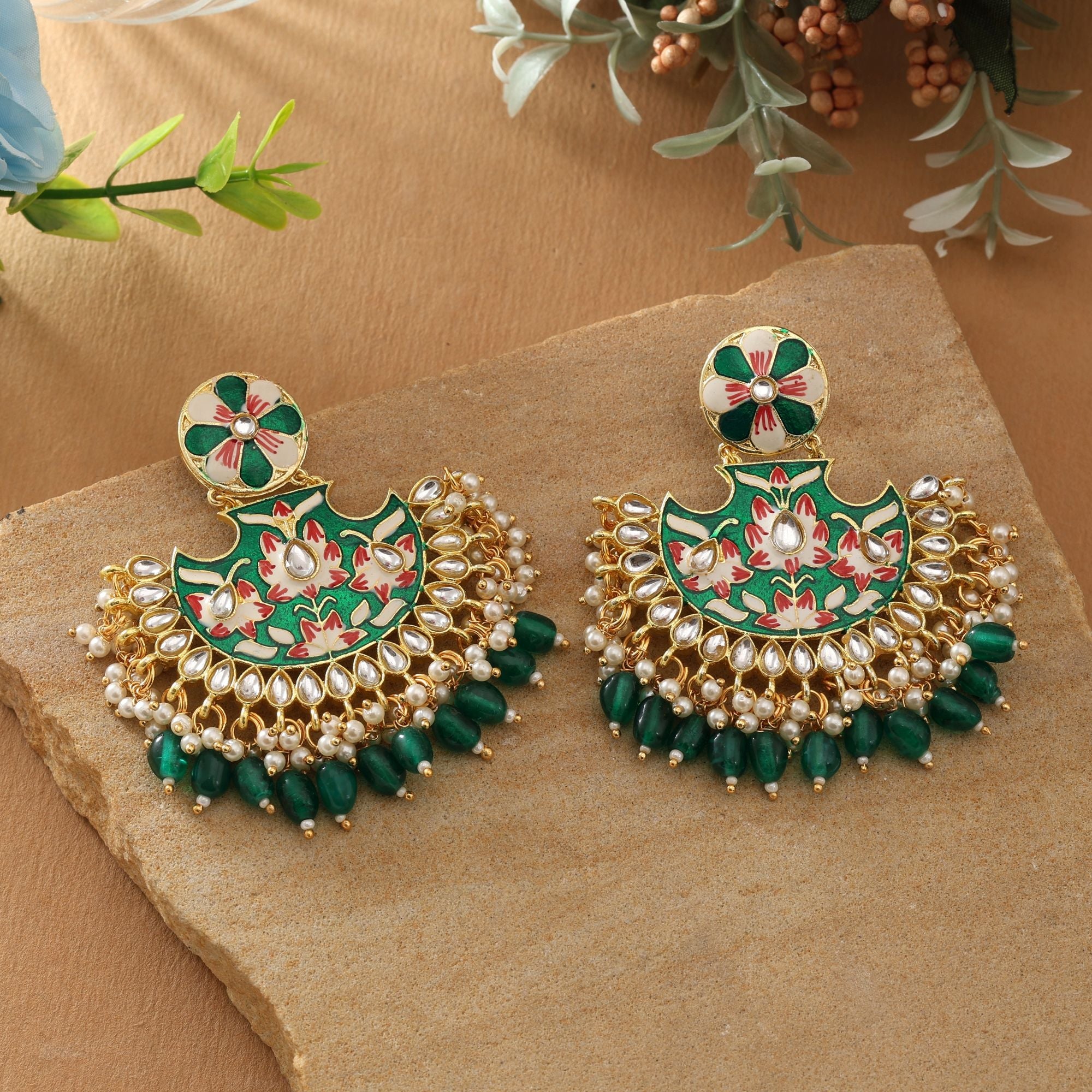 Green Color Meenakari Earrings Showcasing Traditional Enamel Craftsmanship For Graceful Ethnic Fashion